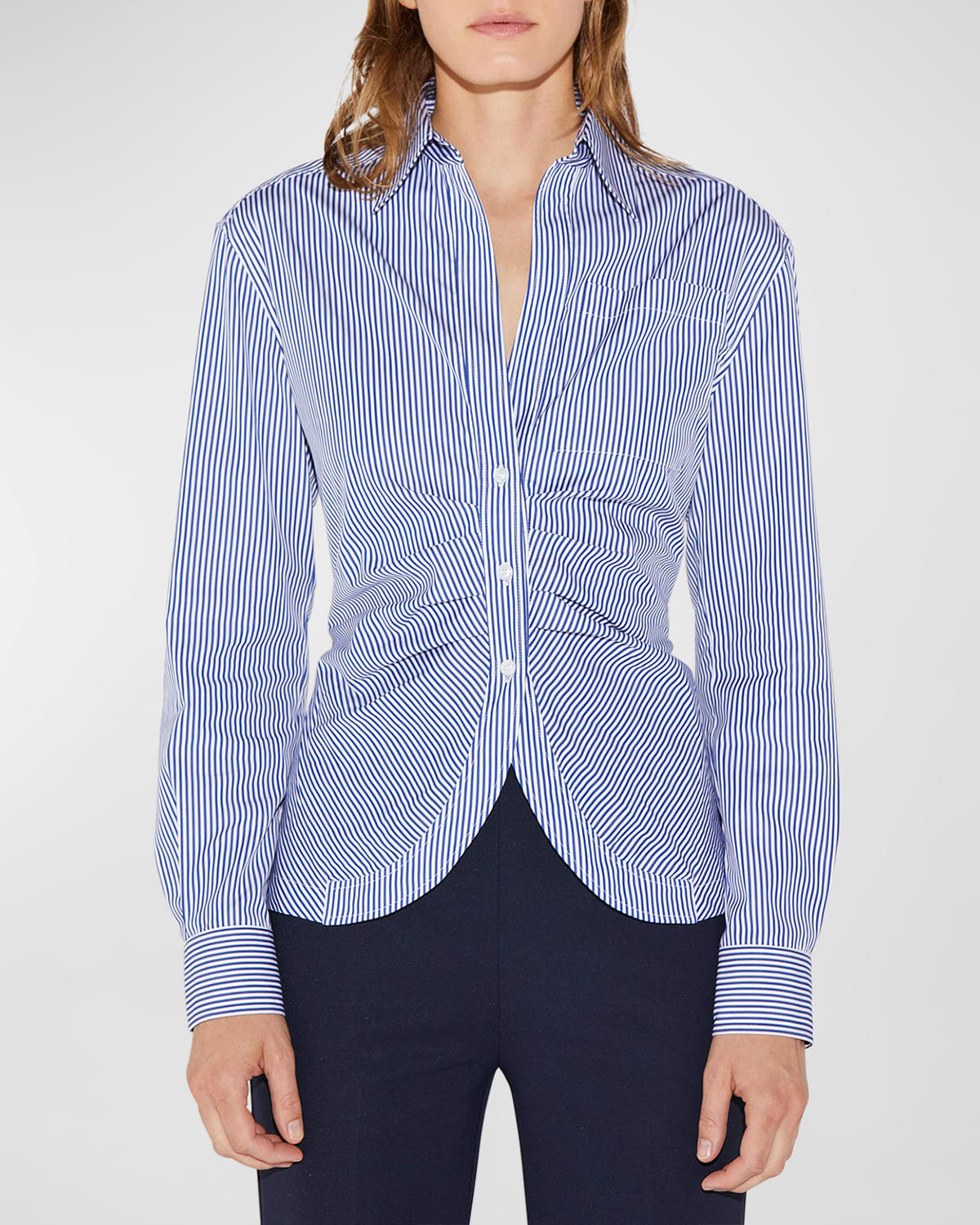 C Llas Sierra Striped Ruched Cotton Button-down Shirt In Navy/white