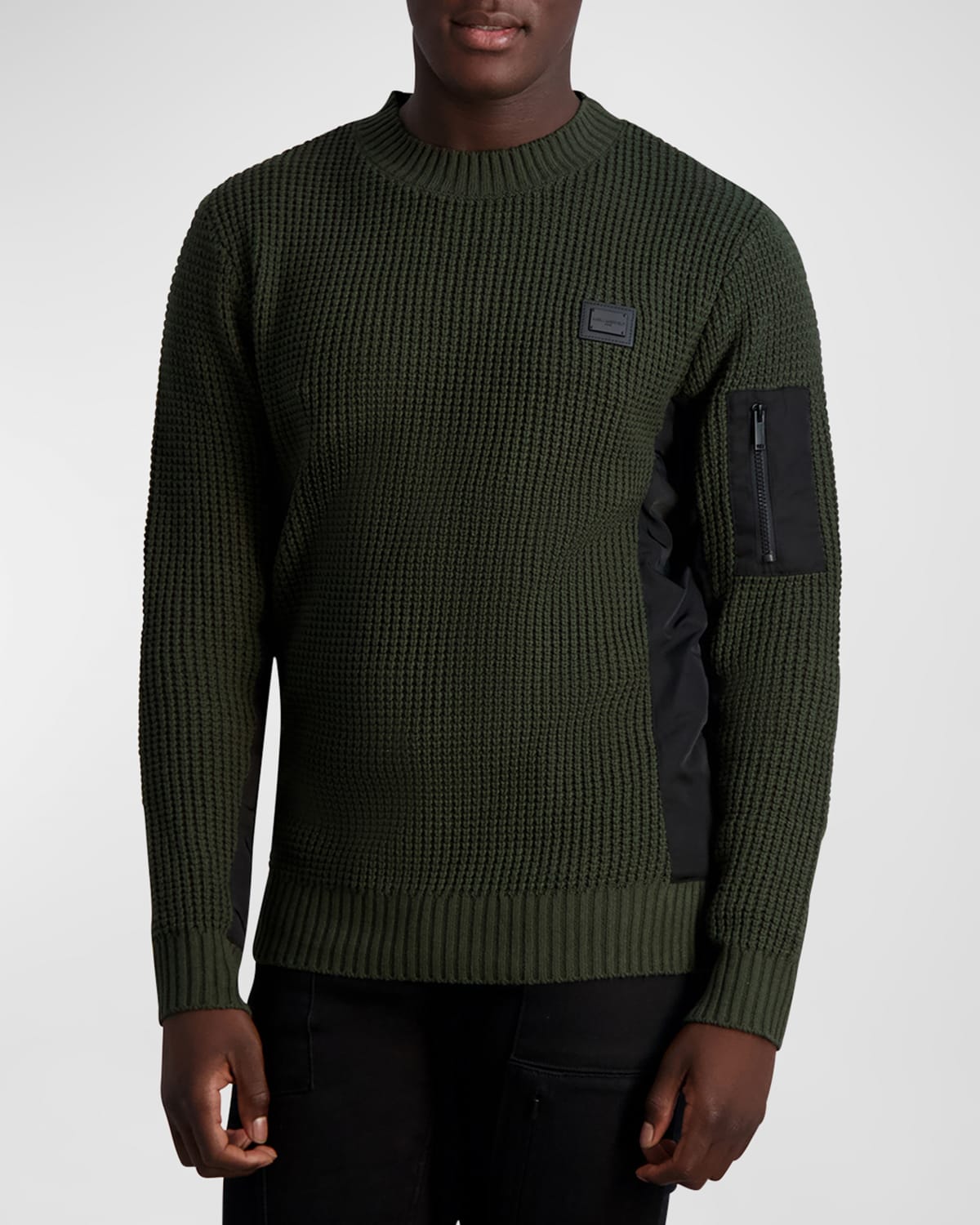 Shop Karl Lagerfeld Men's Waffle Fabric Block Crew Sweater In Olive