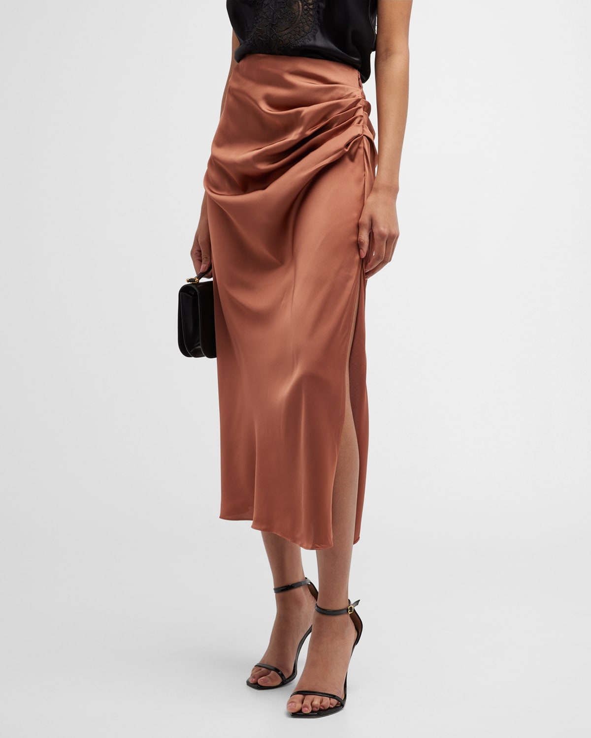 Simkhai Marguerite Washed Charmeuse Ruched Midi Skirt In Pecan