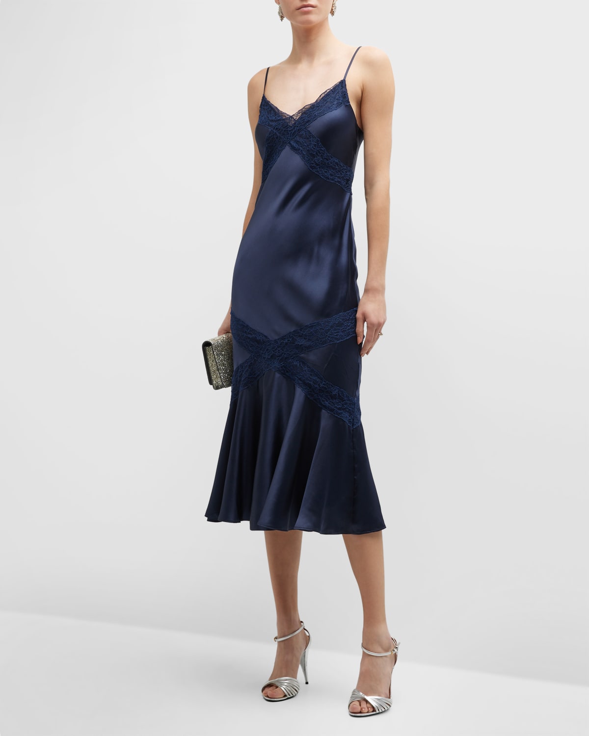 Dagon Bias-Cut Lace Panel Silk Midi Dress