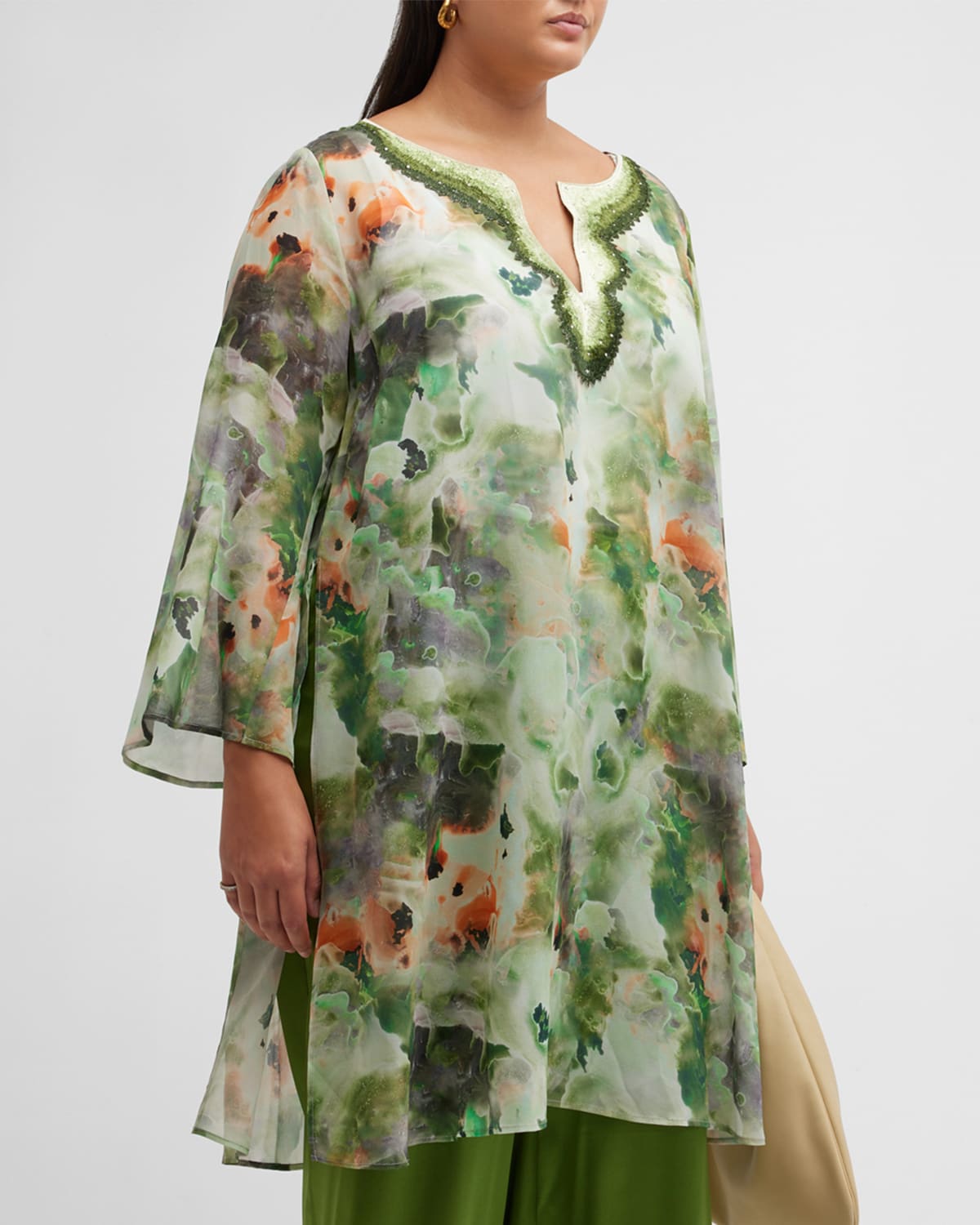 Valentina Marble-Print Embroidered Silk Tunic