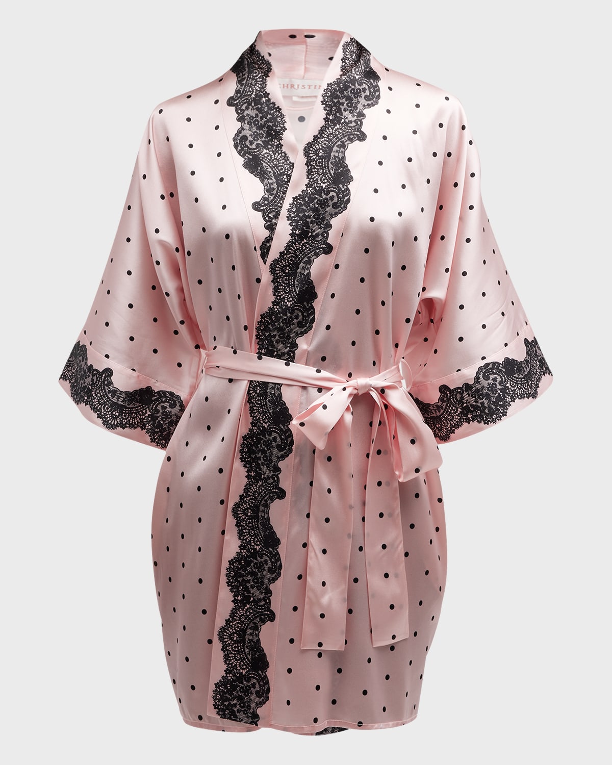 Polka-Dot Lace-Trim Short Silk Robe