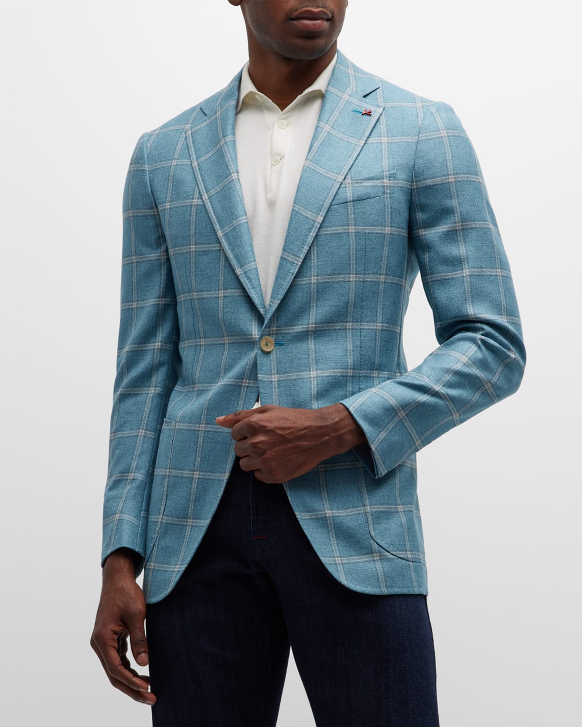 Shop Isaia Men's Silk-cashmere Windowpane Sport Coat In Turquoise