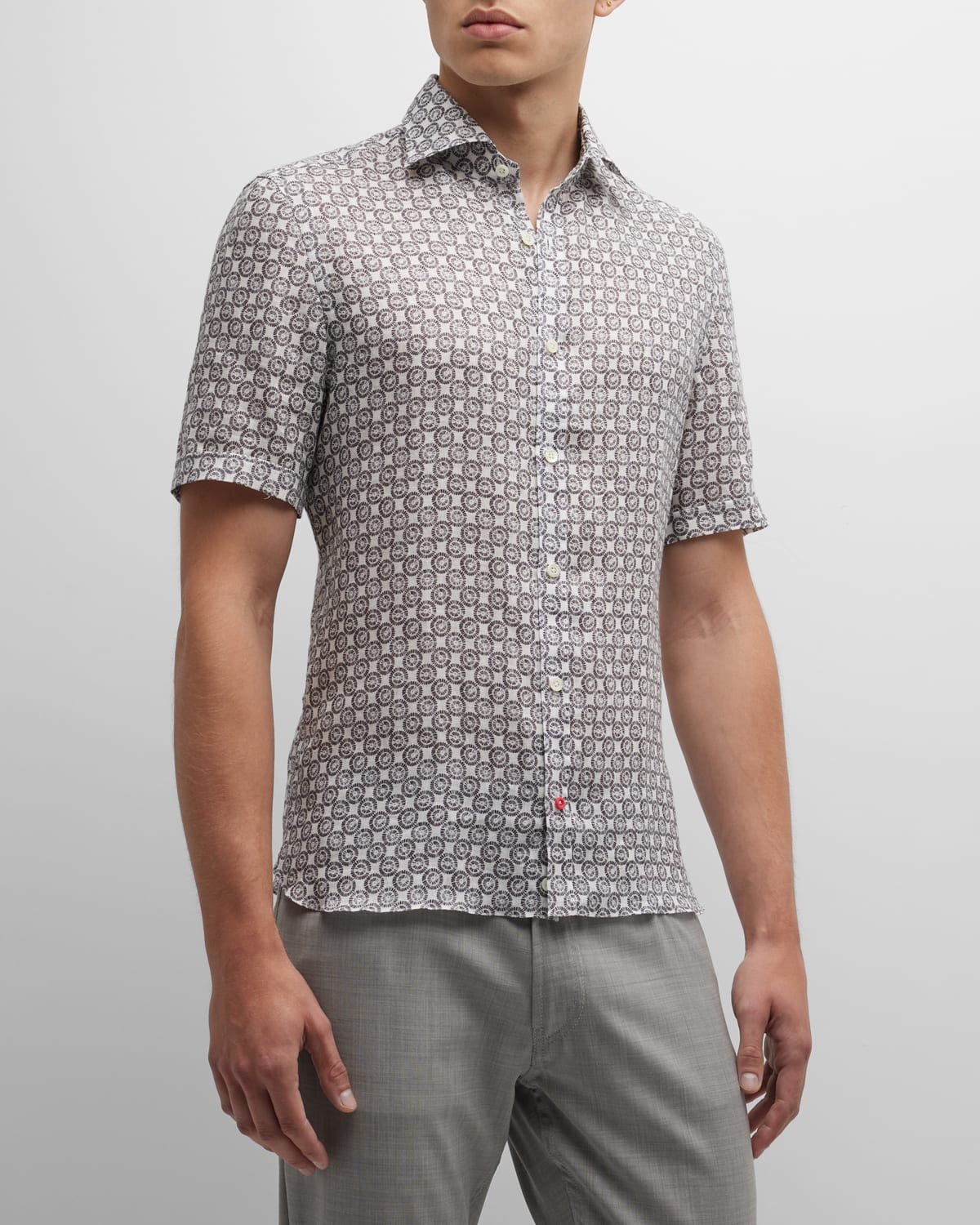 Isaia Men's Printed Linen Short-Sleeve Shirt