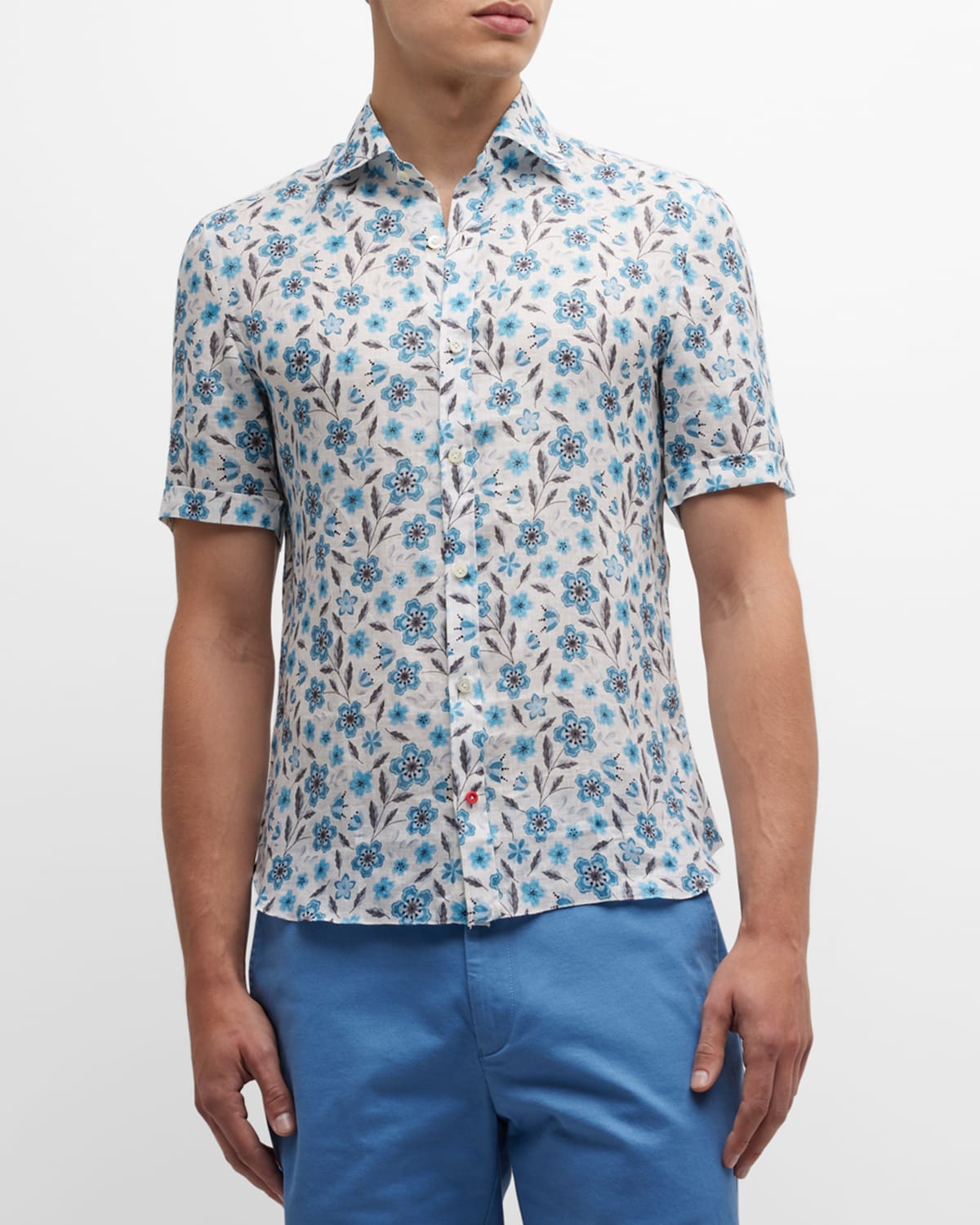 Isaia Men's Floral-Print Linen Short-Sleeve Shirt