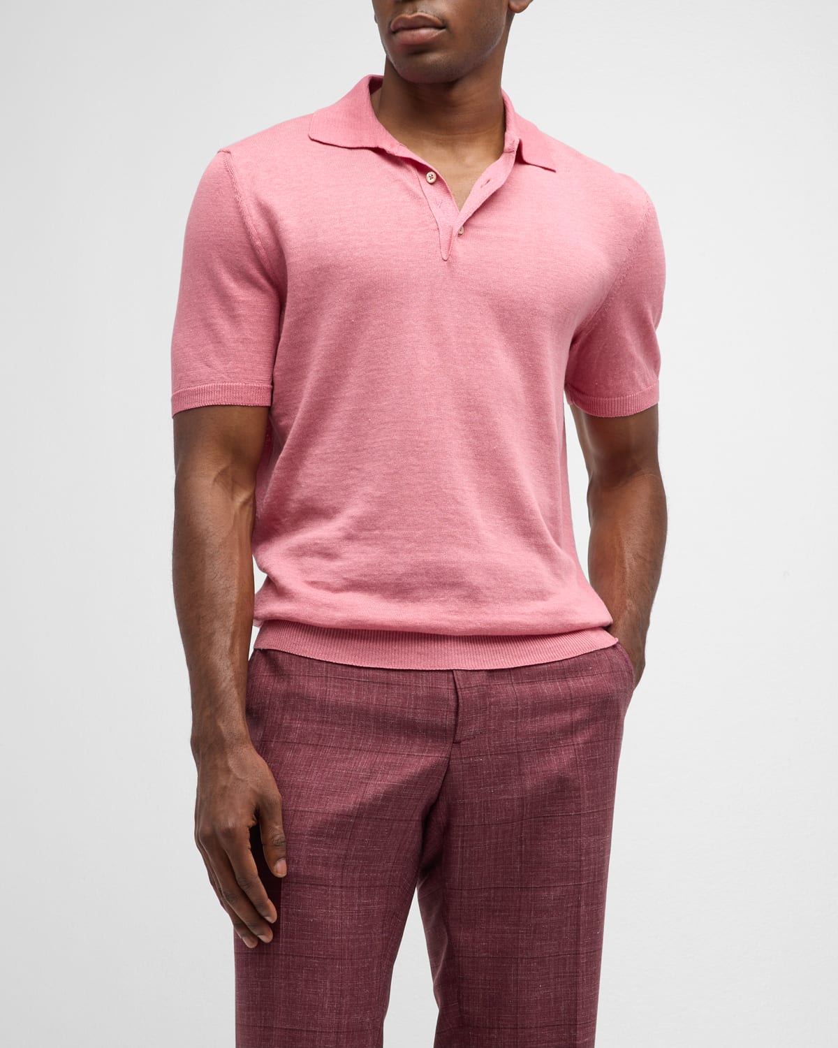 Isaia Men's Fine-knit Linen Blend Polo Shirt In Pink