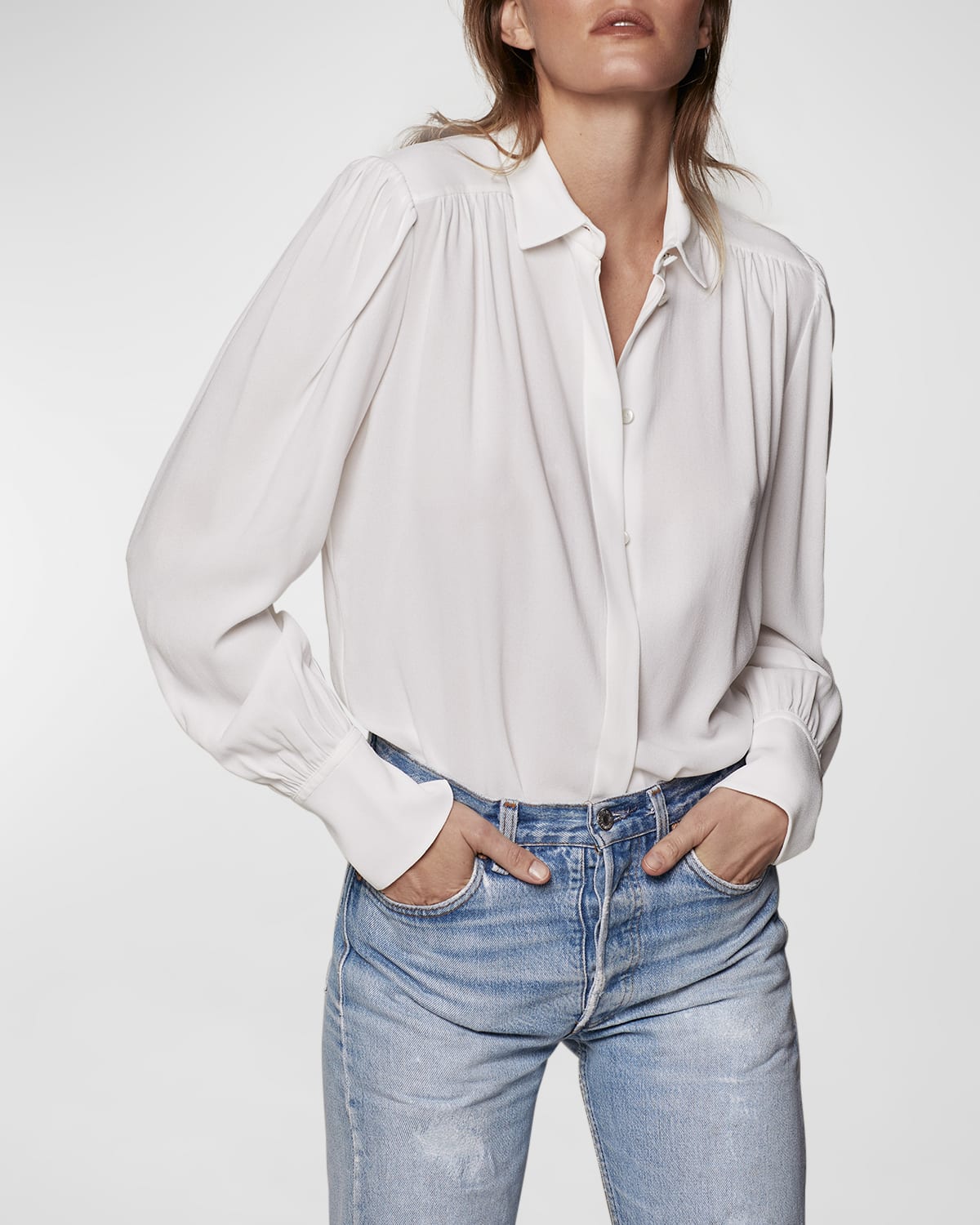 Shop Another Tomorrow Gathered Button-front Blouse In White