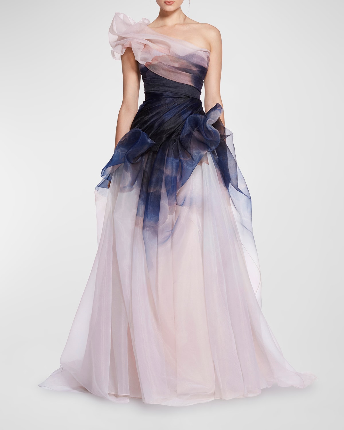 Marchesa Thunderstorm Painterly-print One-shoulder Organza Ball Gown In Storm