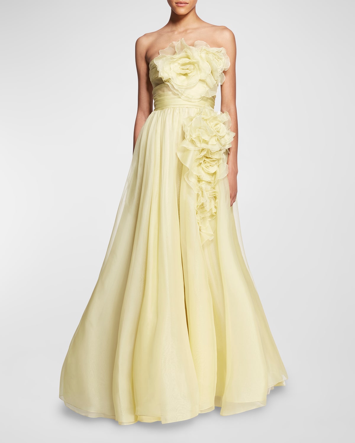MARCHESA FLORAL DRAPED STRAPLESS ORGANZA GOWN 