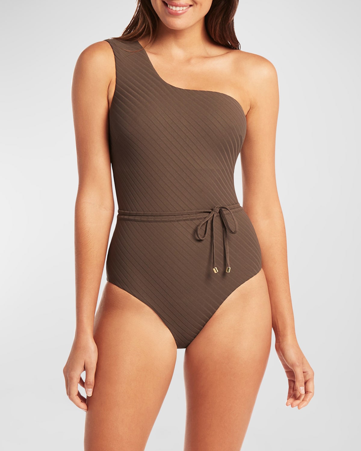 SEA LEVEL SWIM ASYMMETRIC WIDE-STRAP BELTED ONE-PIECE SWIMSUIT 