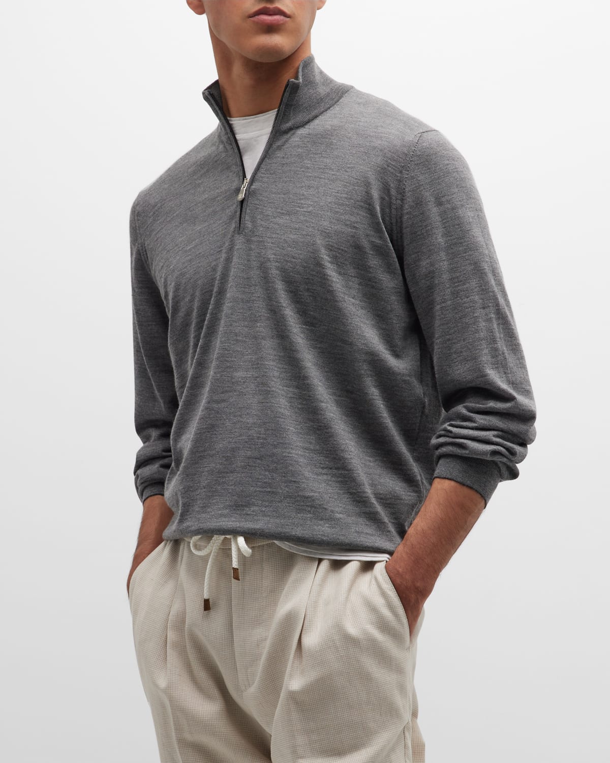 Shop Brunello Cucinelli Men's Wool-cashmere 1/4-zip Sweater In Medium Grey