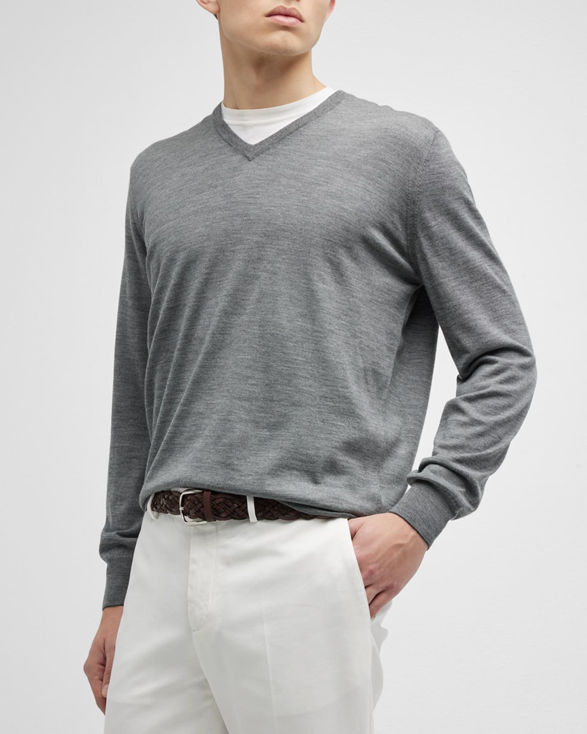 Brunello Cucinelli Men's V-neck Wool-cashmere Jumper In Cg217 Dark Grey