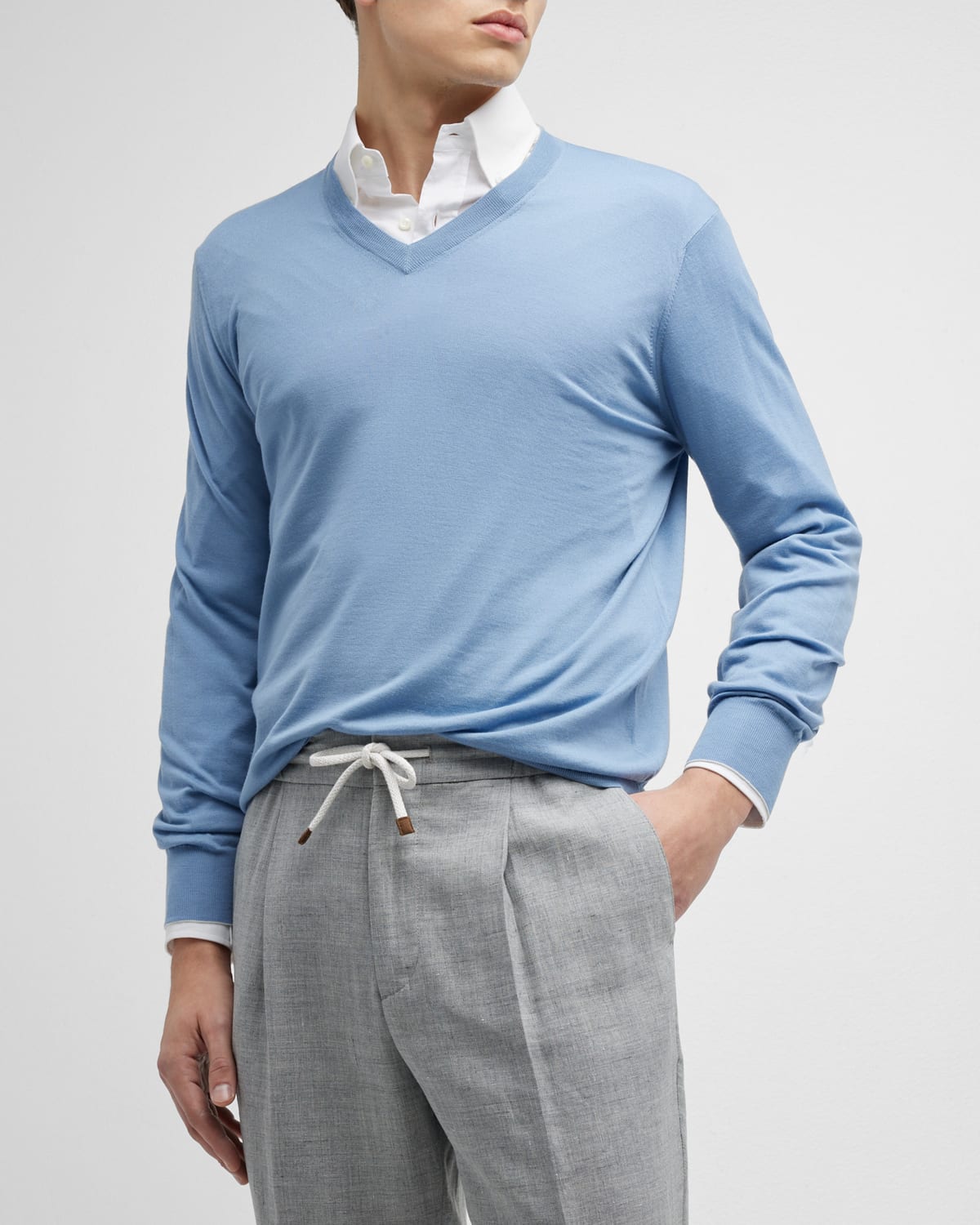Brunello Cucinelli Men's V-neck Wool-cashmere Sweater In Cas12 Light Blue