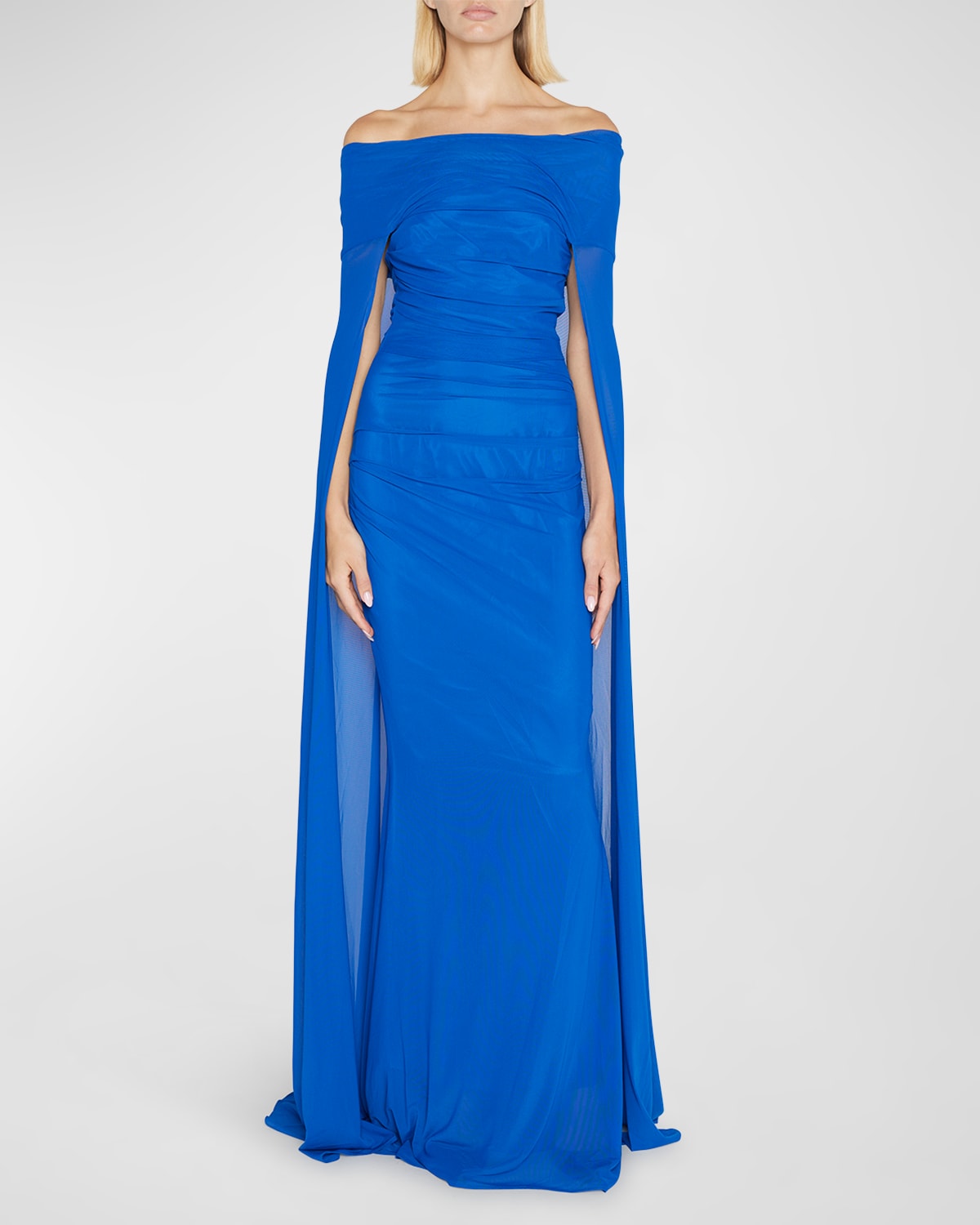 TALBOT RUNHOF METALLIC RUCHED OFF-THE-SHOULDER TULLE CAPE GOWN