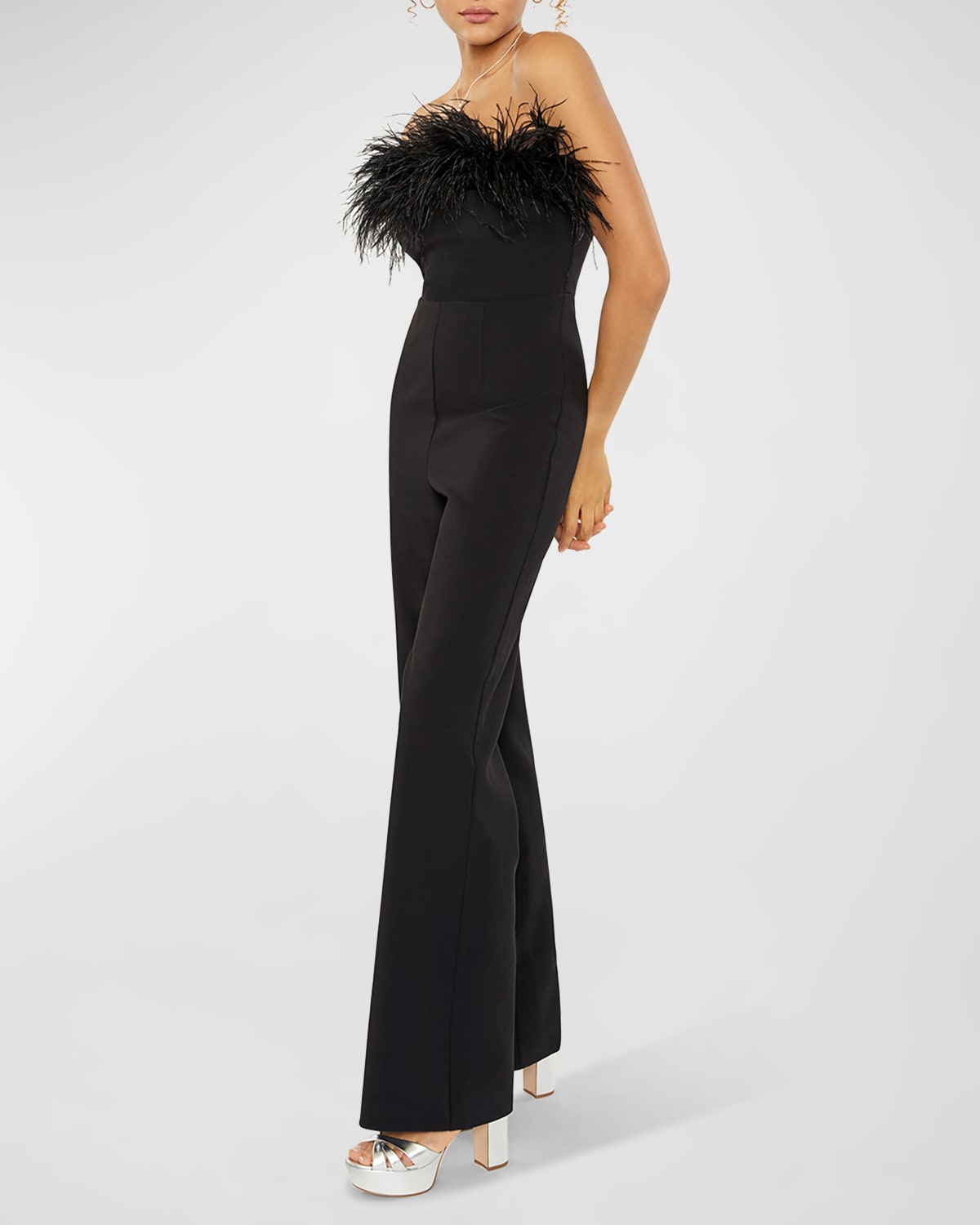 Likely Desi Strapless Feathered Flared-Leg Jumpsuit