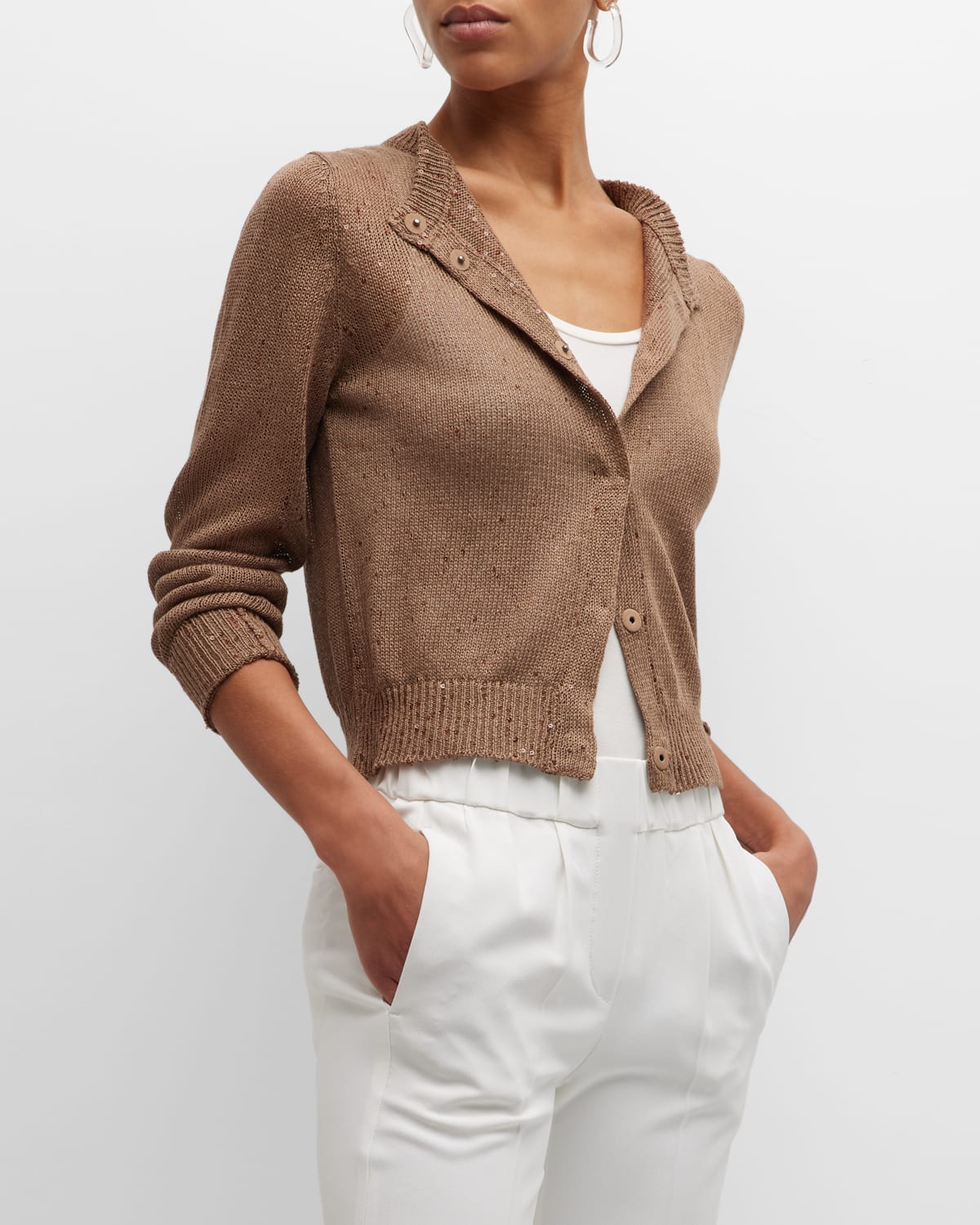Brunello Cucinelli Button-front Embellished Knit Cardigan In Tabacco
