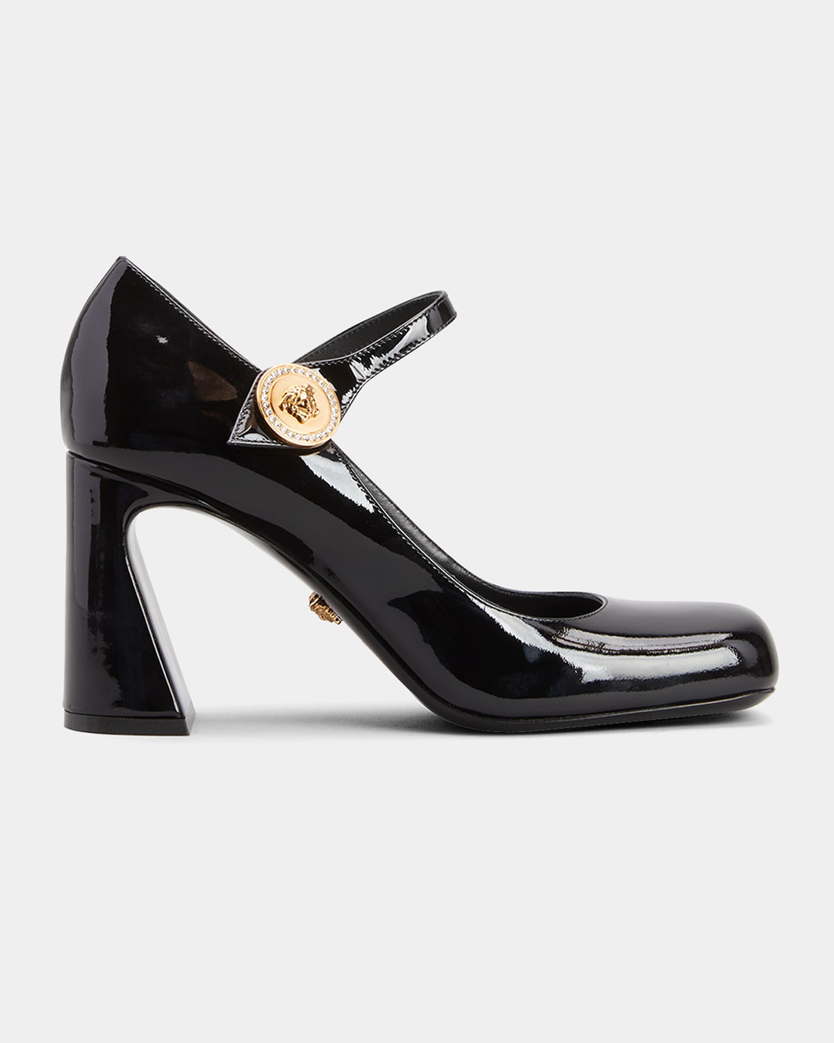 Versace Patent Mary Jane Buckle Pumps In Black- Gol