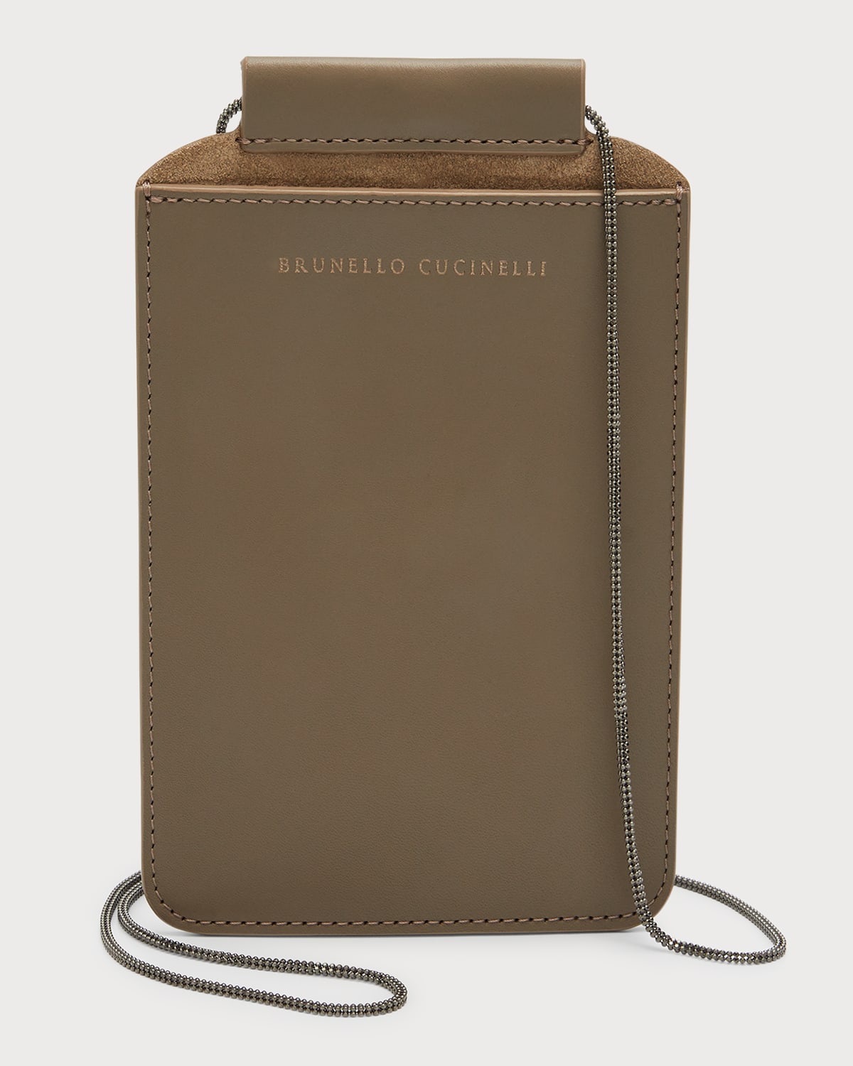 Shop Brunello Cucinelli Napa Leather Phone Case W/ Monili Chain Strap In Brown