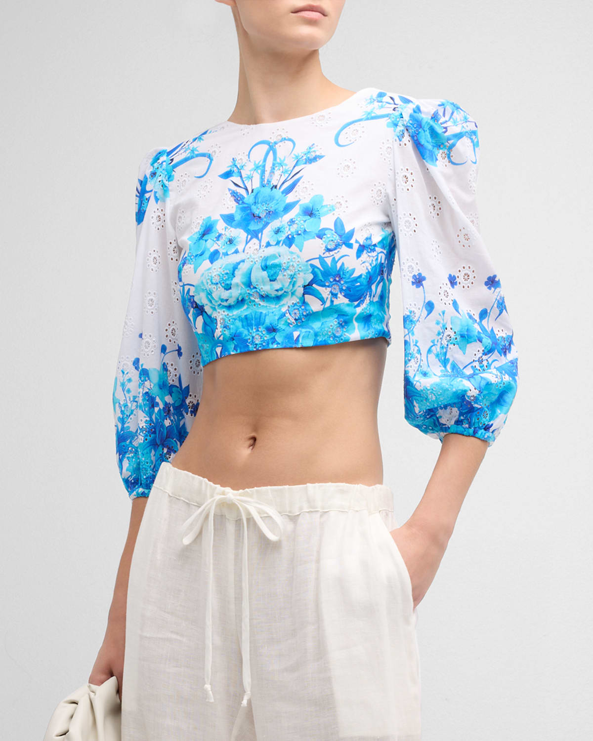 Rhea Broderie Anglaise Puff-Sleeve Crop Top