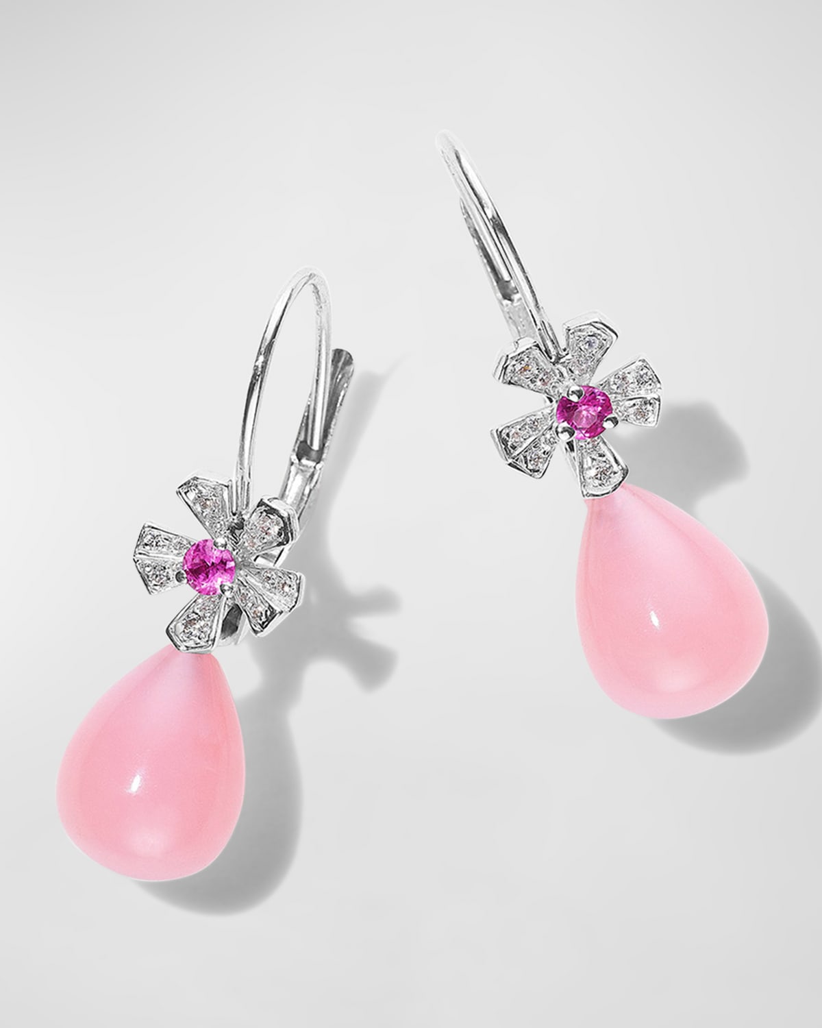 18K White Gold Diamond and Sapphire Flower Earrings with Pink Opal Drops