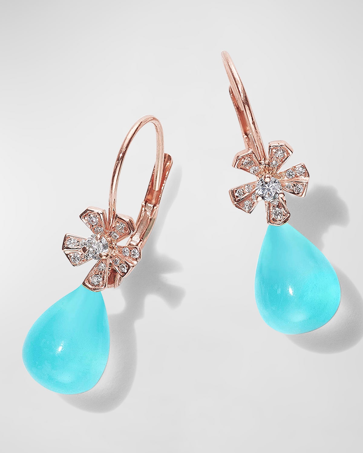 18K Rose Gold Diamond Flower and Blue Opal Drop Earrings
