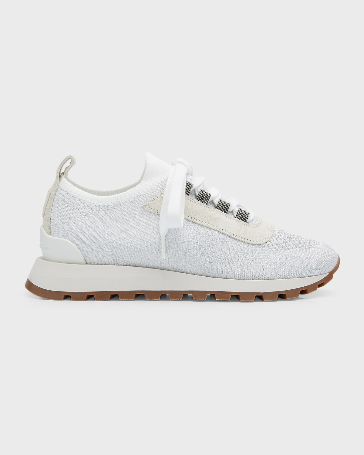 Brunello Cucinelli Embellished Suede-trimmed Stretch-knit Sneakers In White