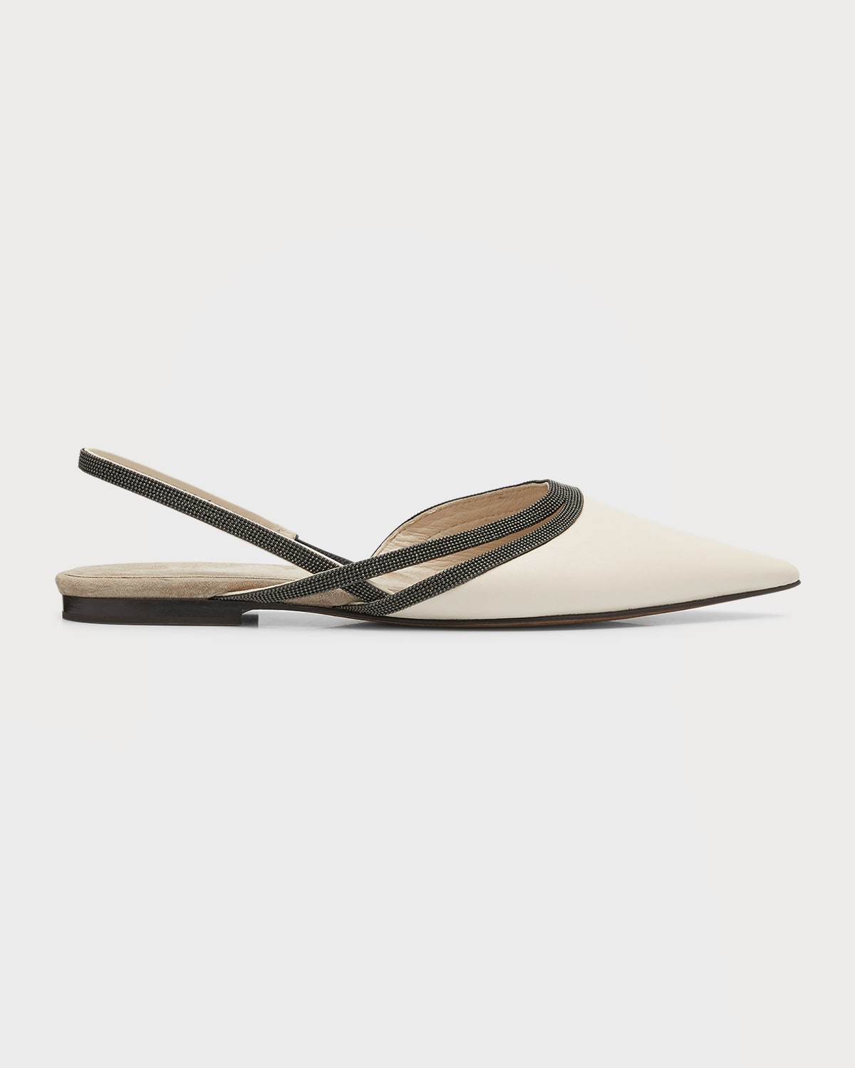 Brunello Cucinelli Embellished Leather Slingback Flats In Off White