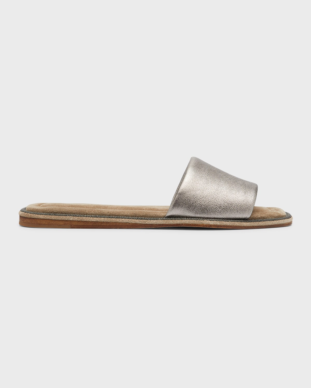 Brunello Cucinelli Metallic Calfskin Flat Slide Sandals In Silver