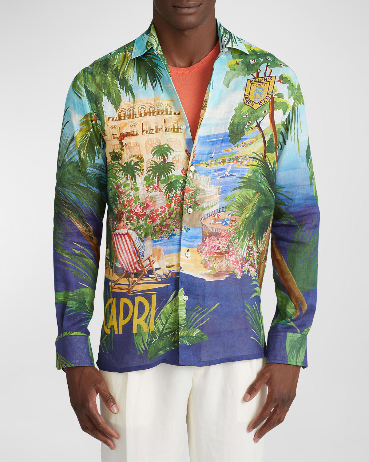 RALPH LAUREN MEN'S CAPRI GRAPHIC LINEN SPORT SHIRT