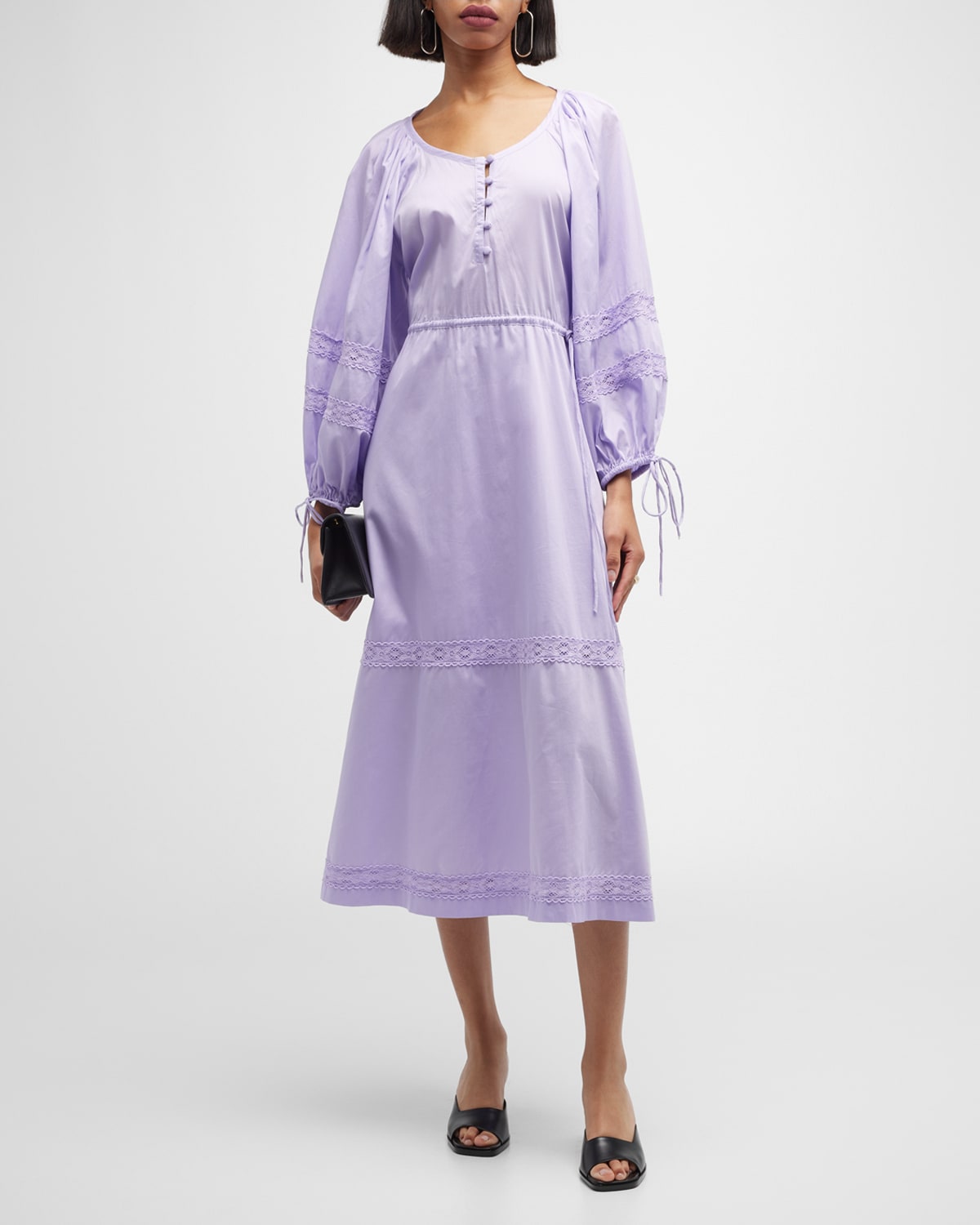 Harshman Belle Blouson-Sleeve Lace-Trim Midi Dress
