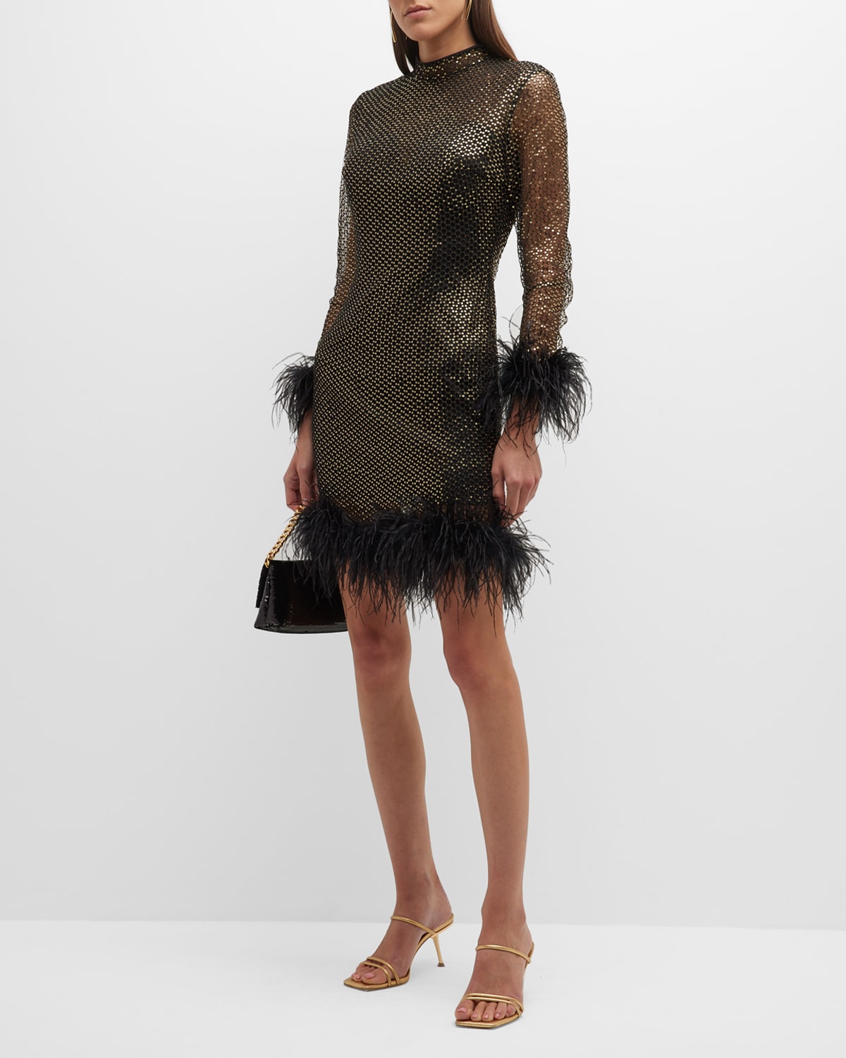 Jovani Sequin Mock-Neck Feather-Trim Mini Dress