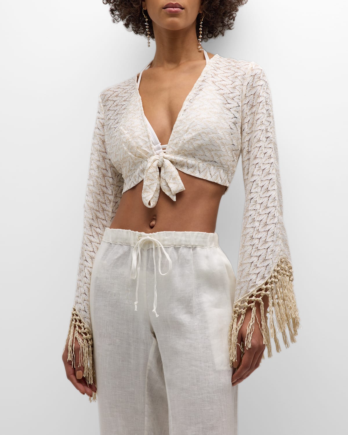 Shop Ramy Brook Elvira Crochet Crop Top In White/gold Zigzag