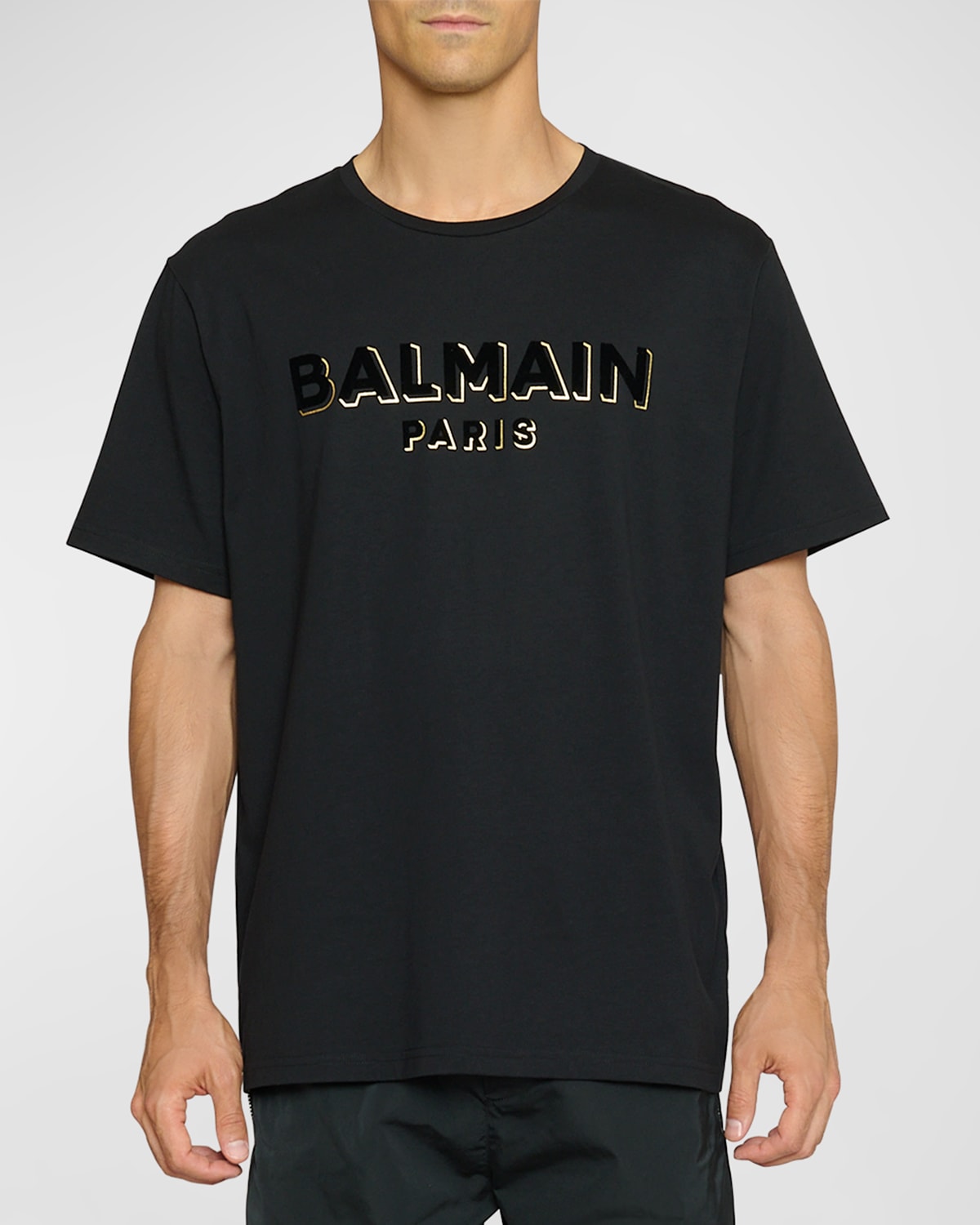 Shop Balmain Men's Flock Foil Logo Bulky T-shirt In Black/gold