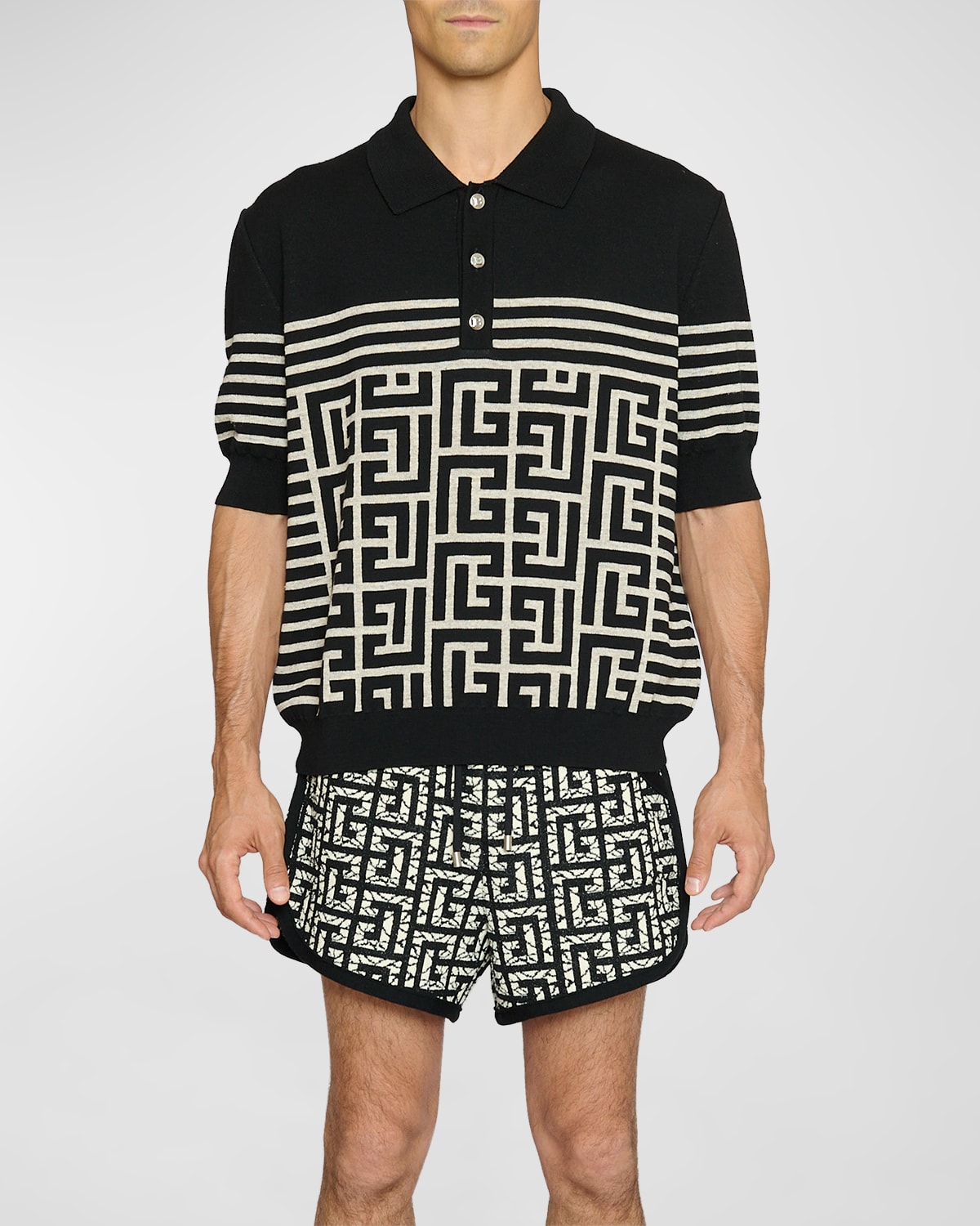 Men's Striped Monogram Knit Polo Shirt