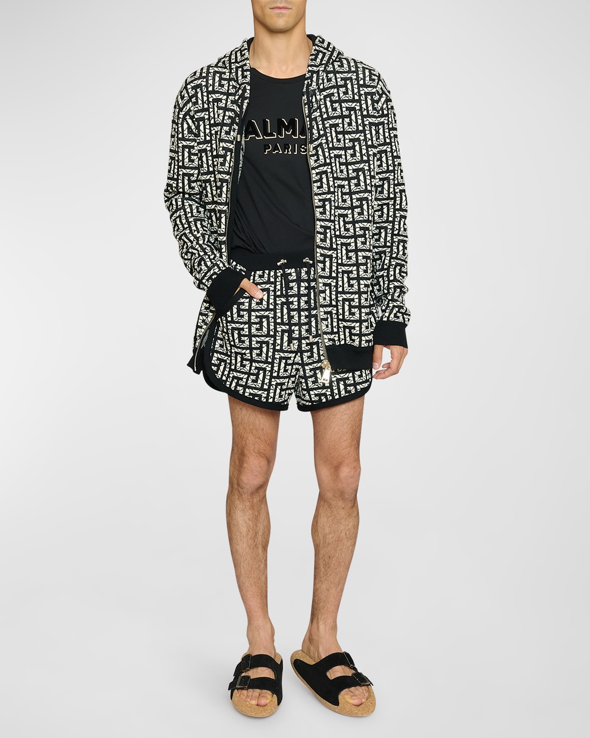 Balmain Monogram Intarsia-knit Zipped Hoodie In Black/natural