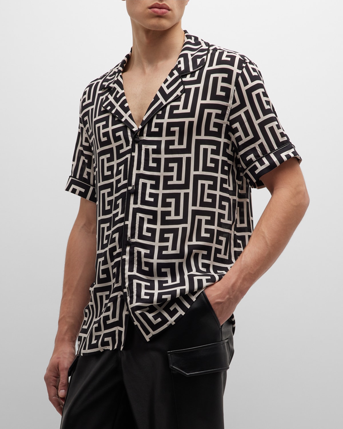 Shop Balmain Men's Macro Monogram Pajama Shirt In Ivory/black