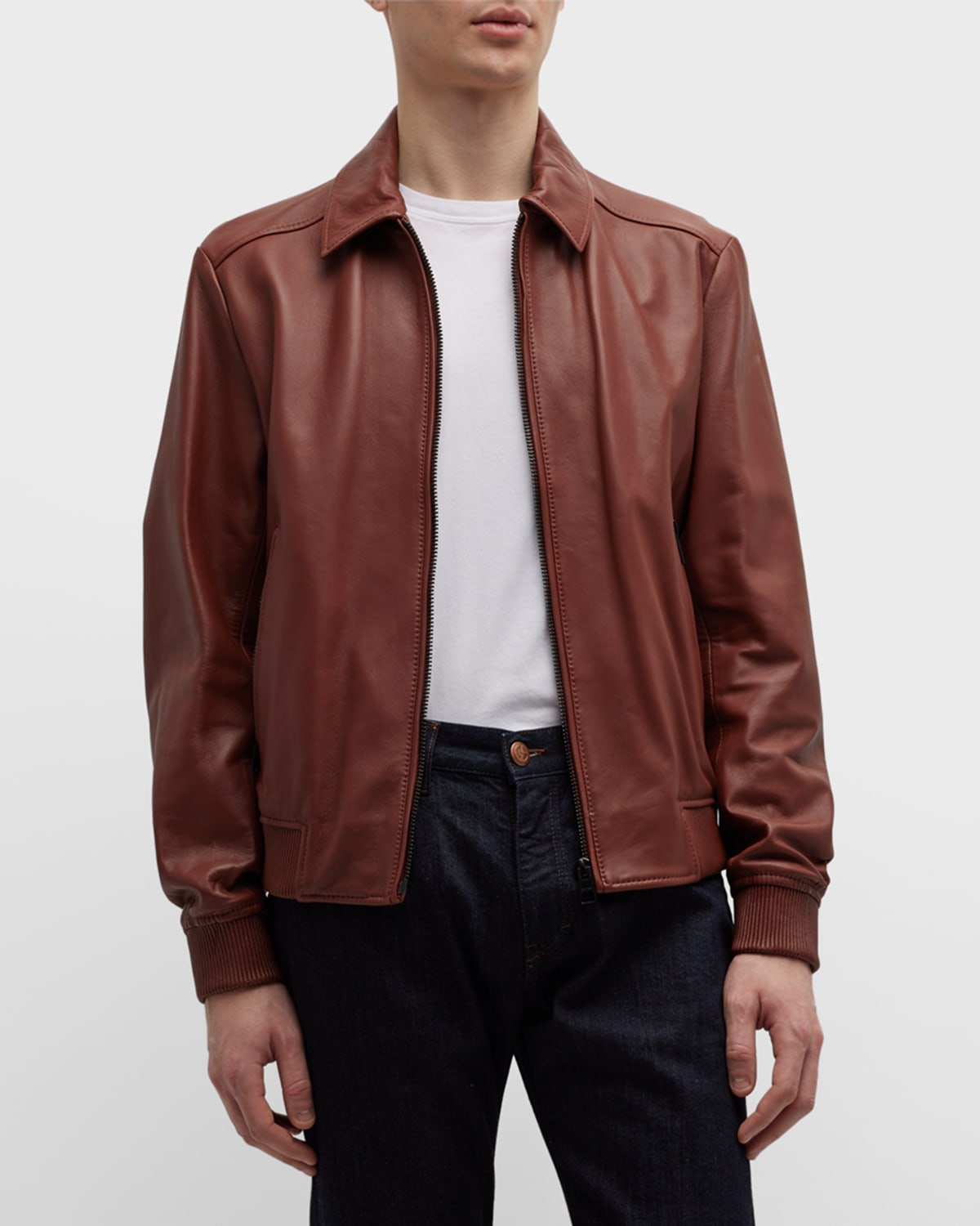 Hugo Boss Men's Leather Bomber Jacket In Med Brn | ModeSens