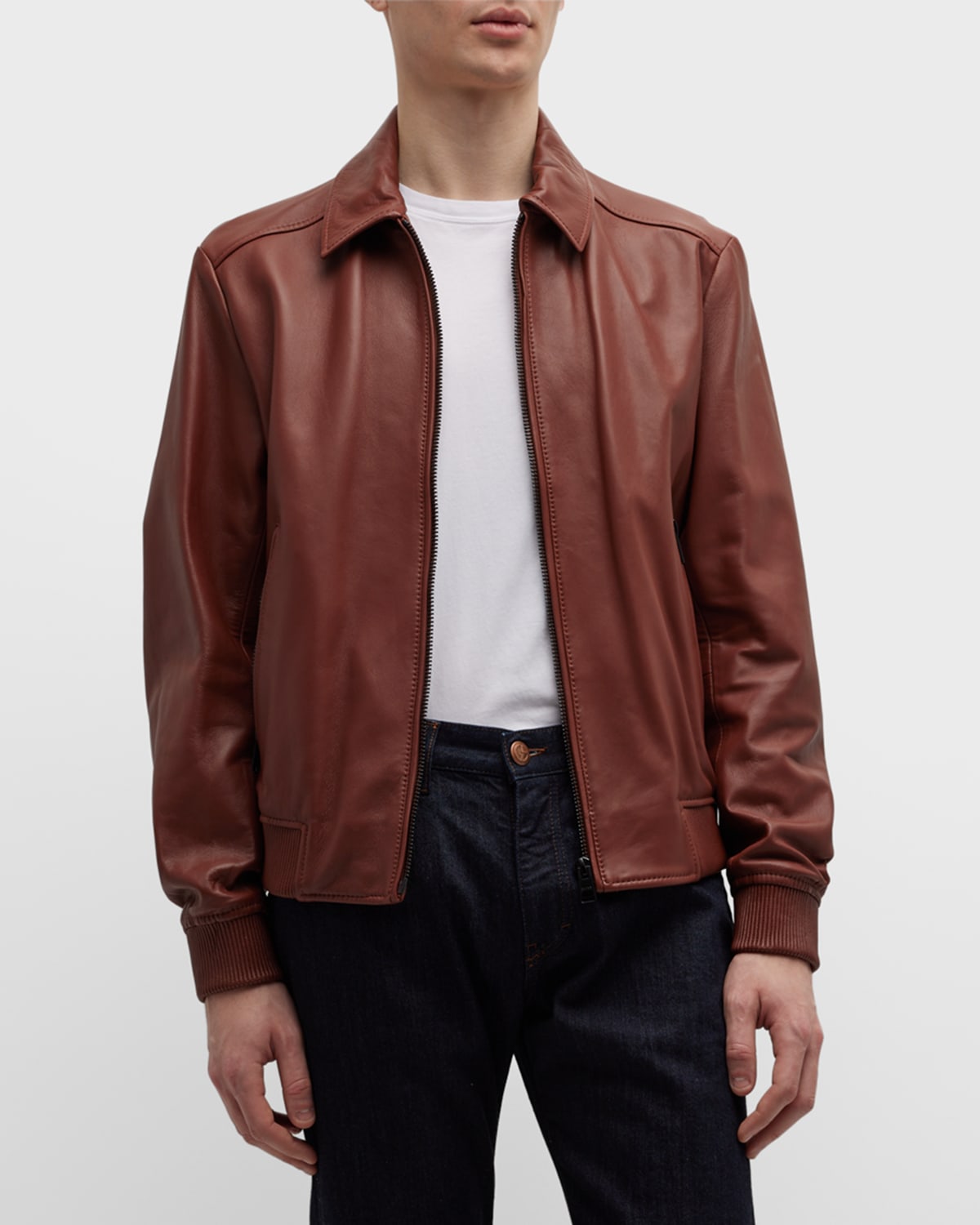 Hugo Boss Men's Leather Bomber Jacket In Med Brn ModeSens