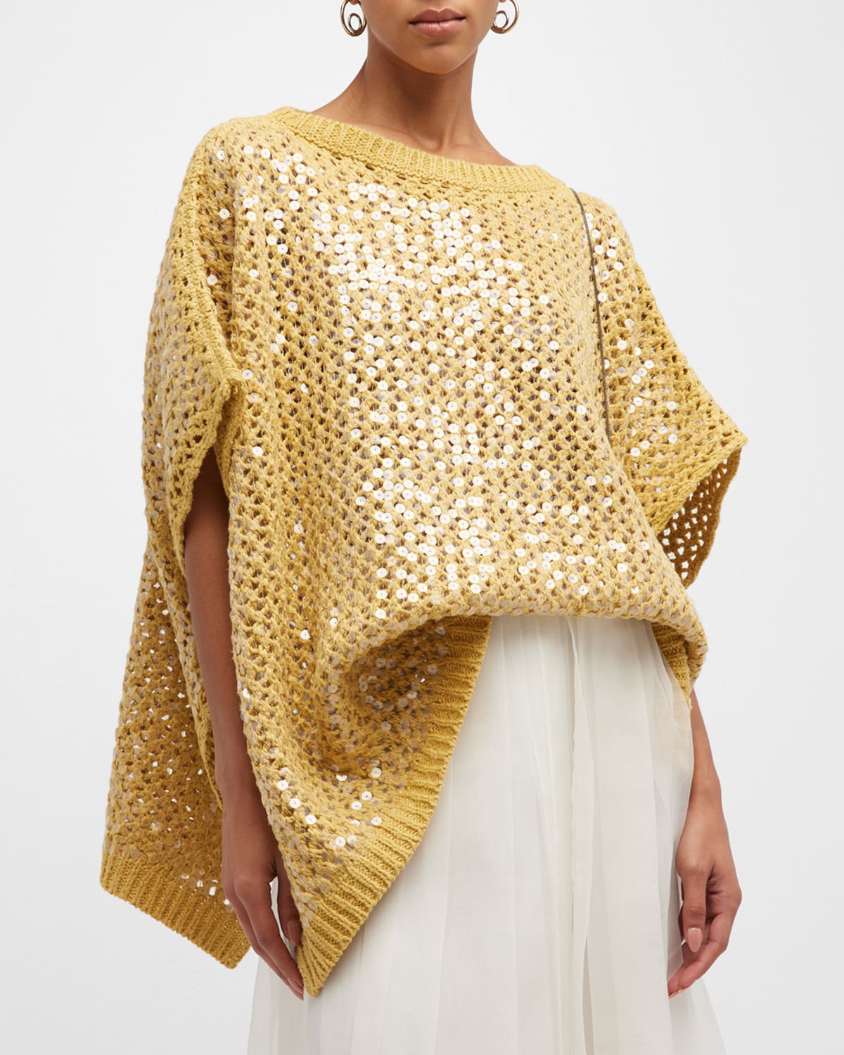 Brunello Cucinelli Luxury Knit Poncho With Paillettes In C2991 Rusted Gold