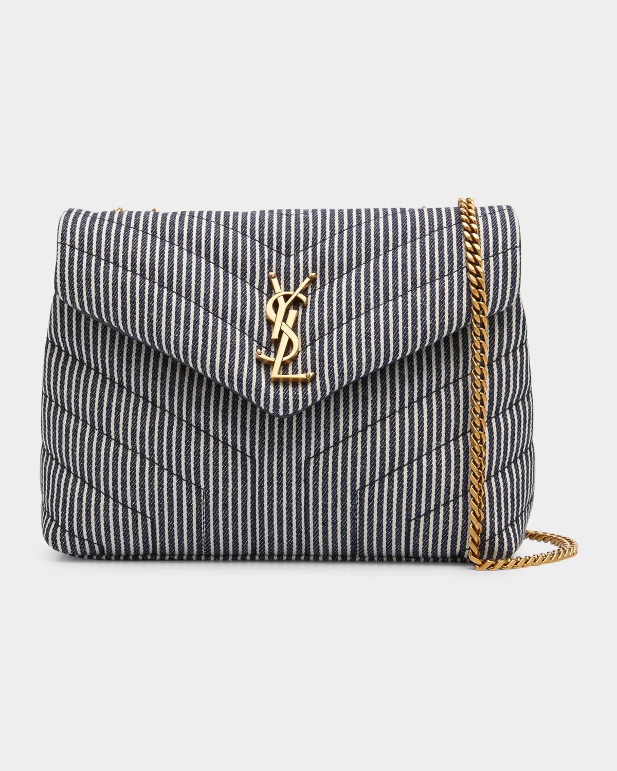 SAINT LAURENT LOULOU SMALL YSL SHOULDER BAG IN QUILTED STRIPPED DENIM