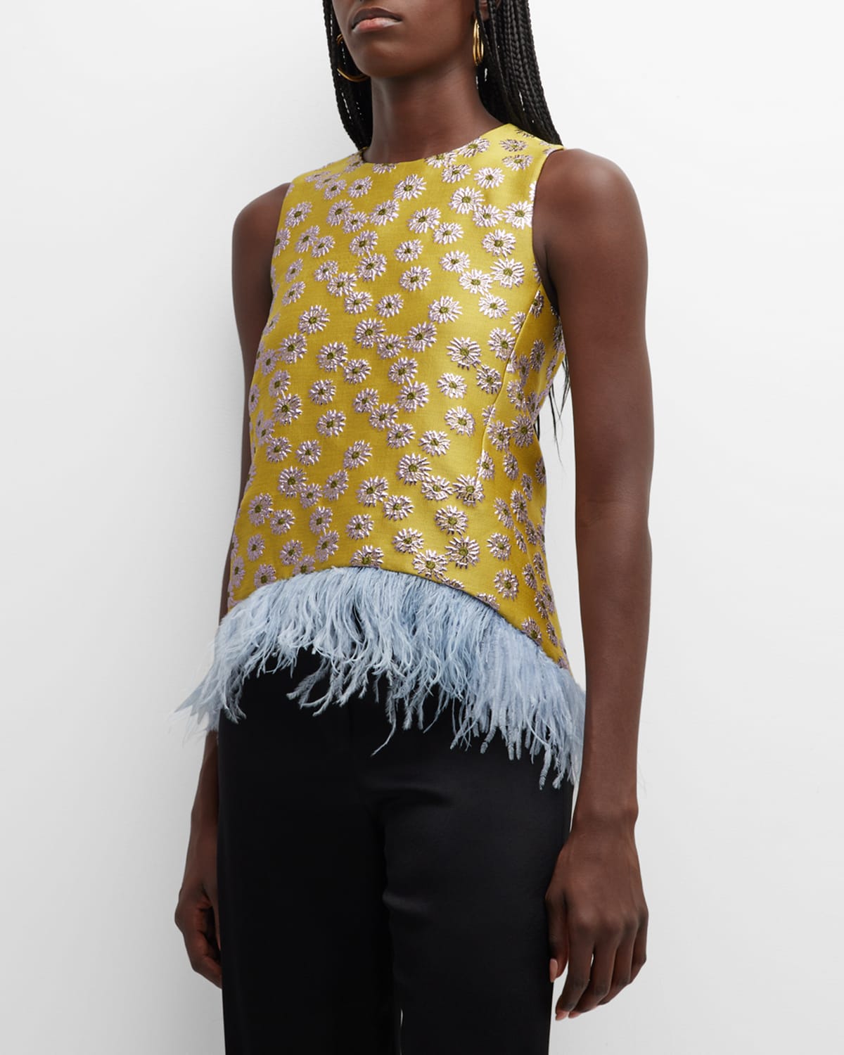 La Doublej La Scala Metallic Feather-trimmed Brocade Top In Margarita