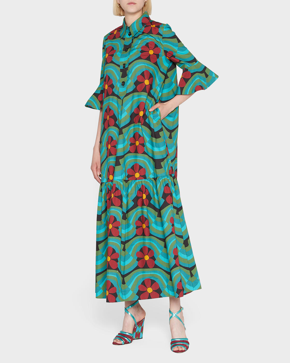 La Doublej Artemis Wavy Floral-print Ruffle-cuff Maxi Shirtdress In Ashbury