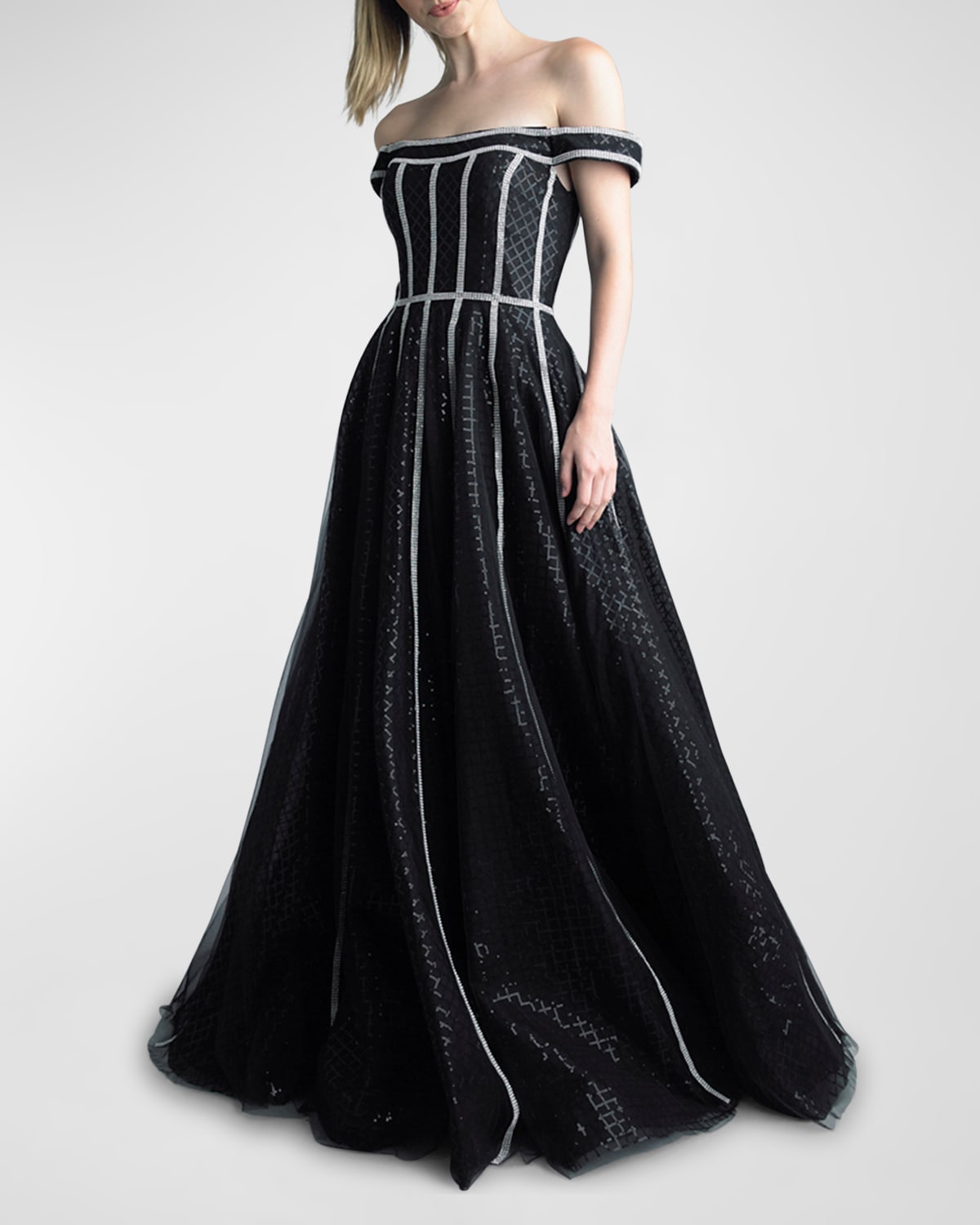 Basix Off-Shoulder Rhinestone-Striped Gown