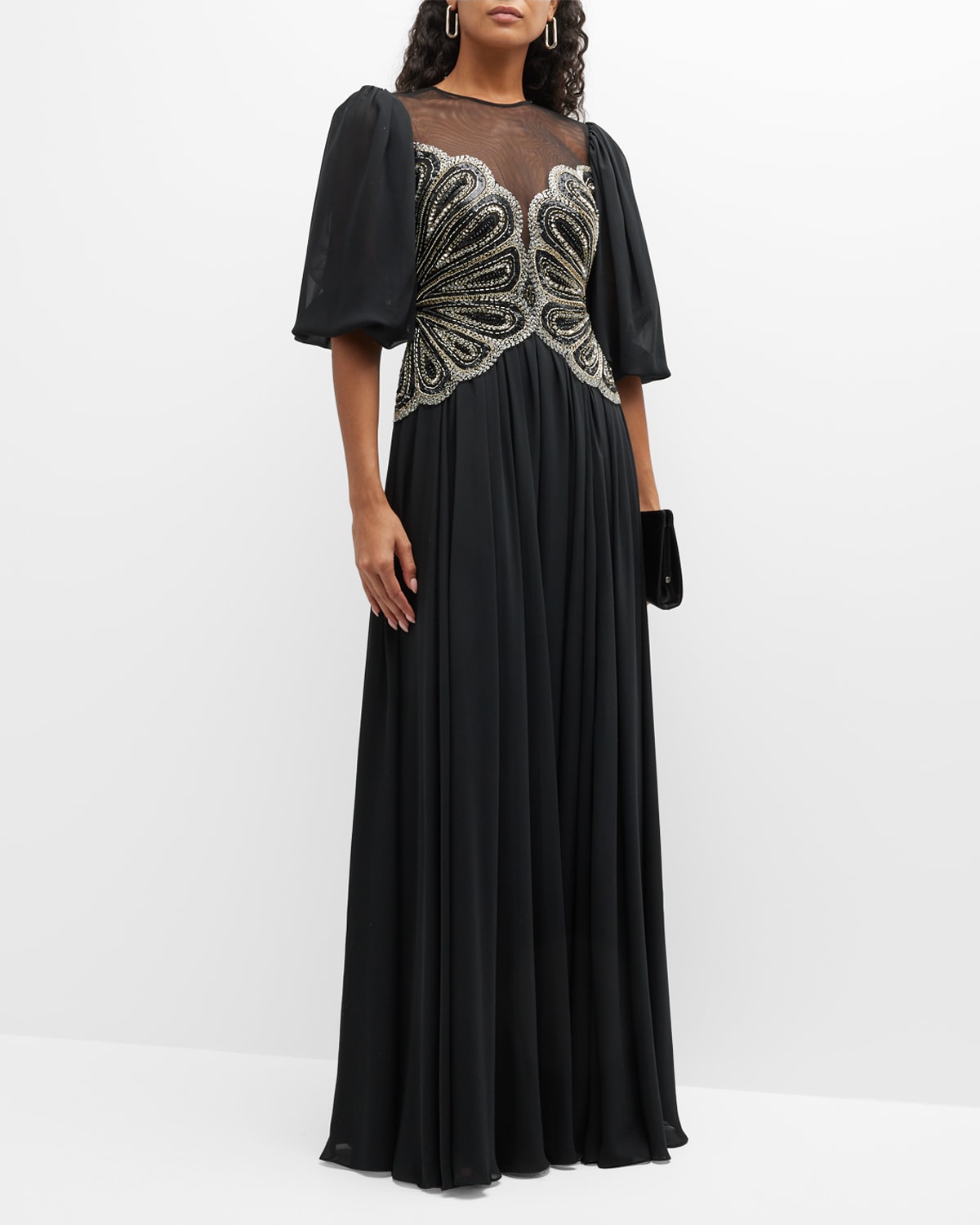 Basix Beaded Puff-Sleeve A-Line Gown