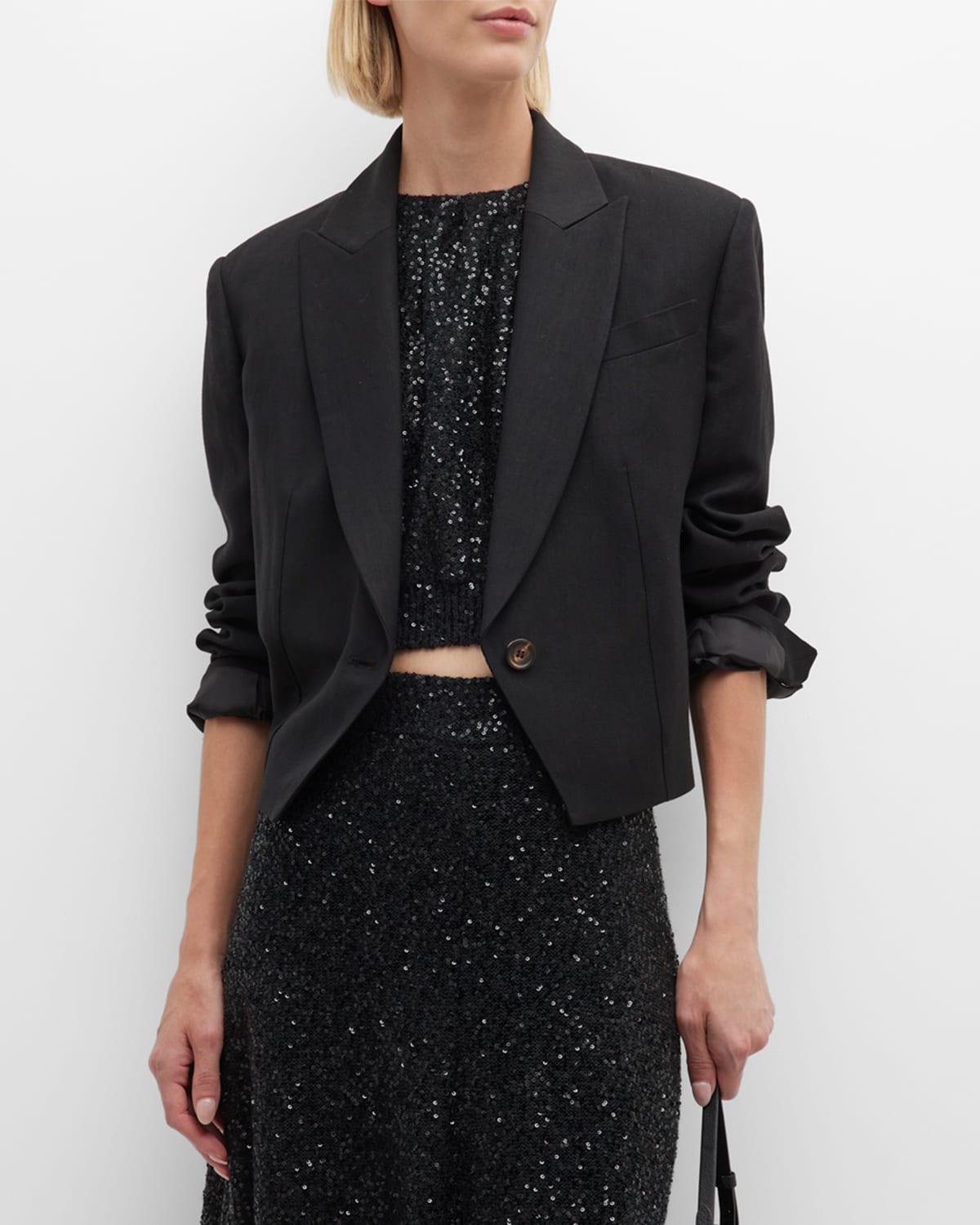 Monili-Trim Single-Breasted Linen Twill Crop Blazer Jacket