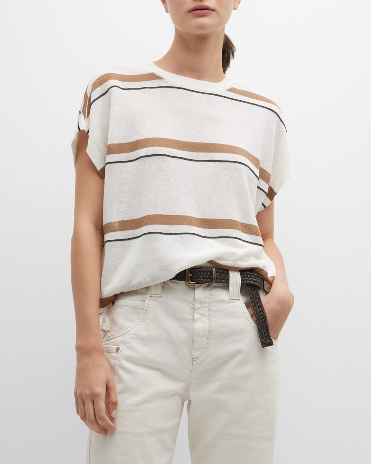 Horizontal Monili Striped Cap-Sleeve Linen T-Shirt
