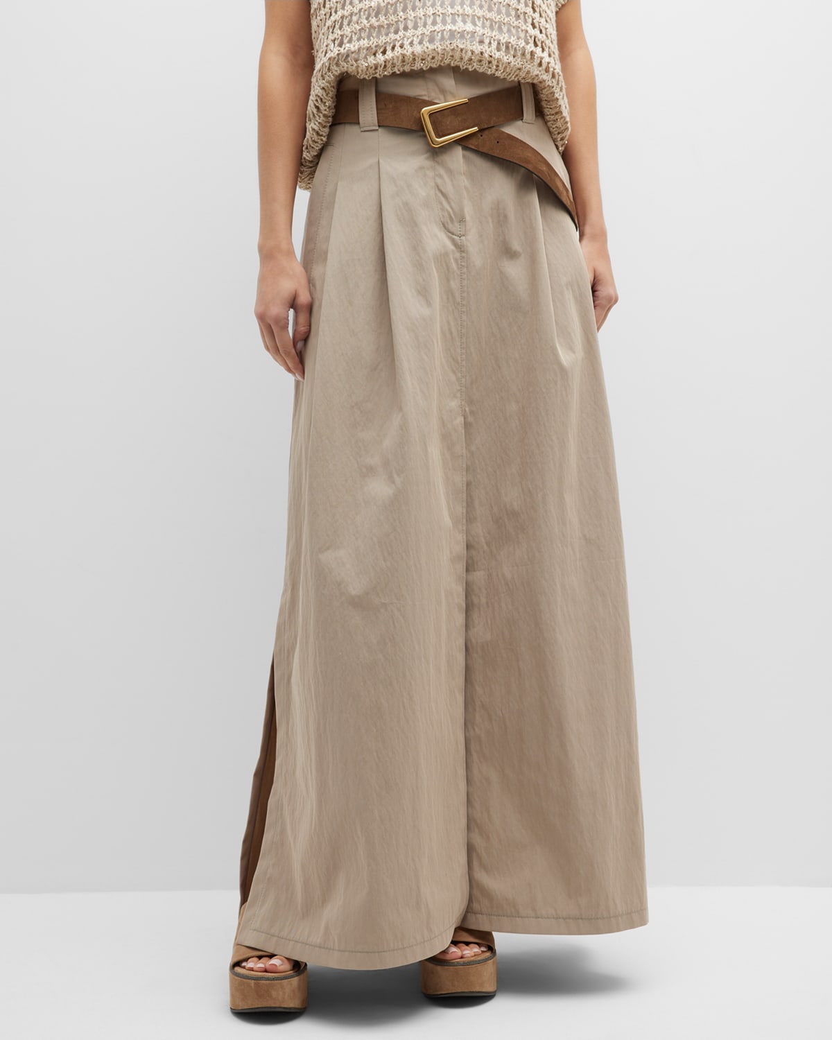 Monili-Trim Crinkled Gabardine A-Line Maxi Skirt