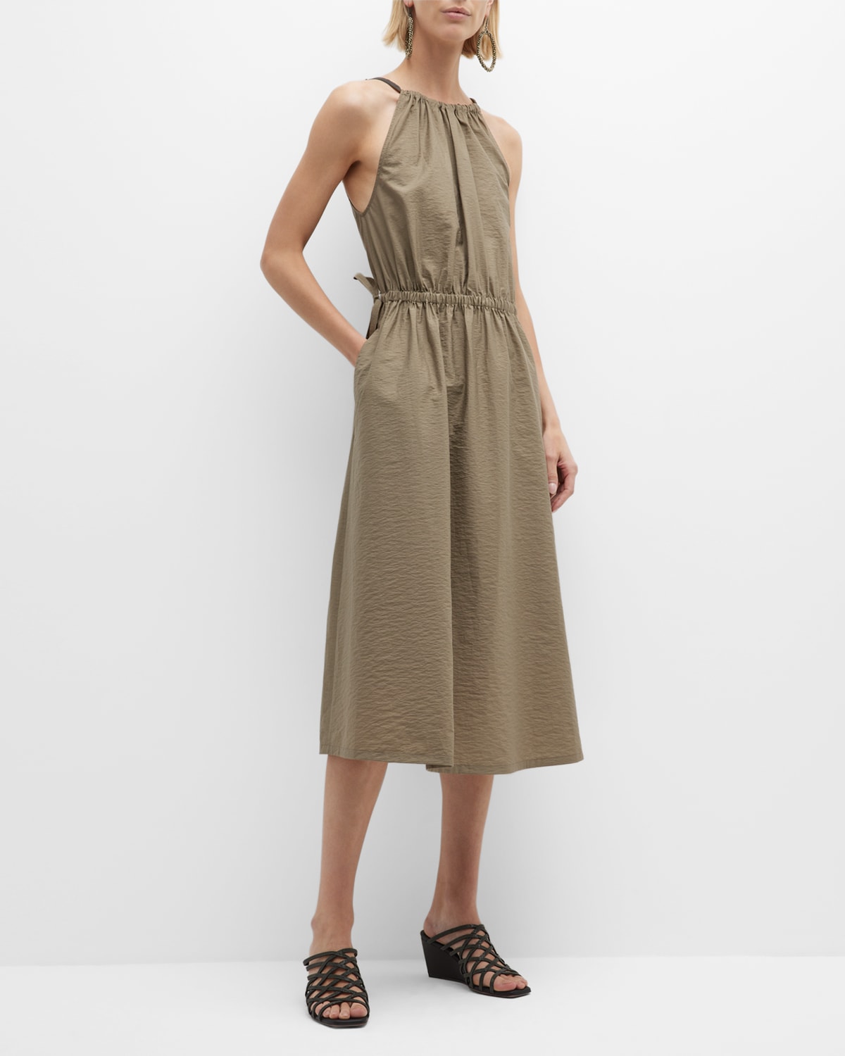 Monili-Strap Drawstring Crispy Cotton Midi Dress