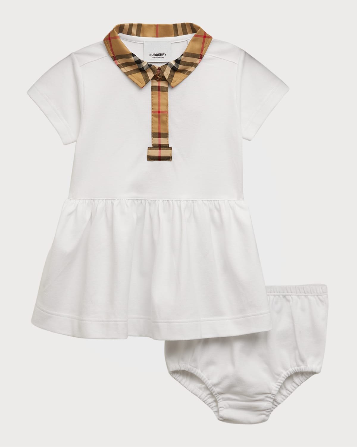 Girl's Tavi Check-Trim Polo Dress & Bloomers, Size Newborn-18M