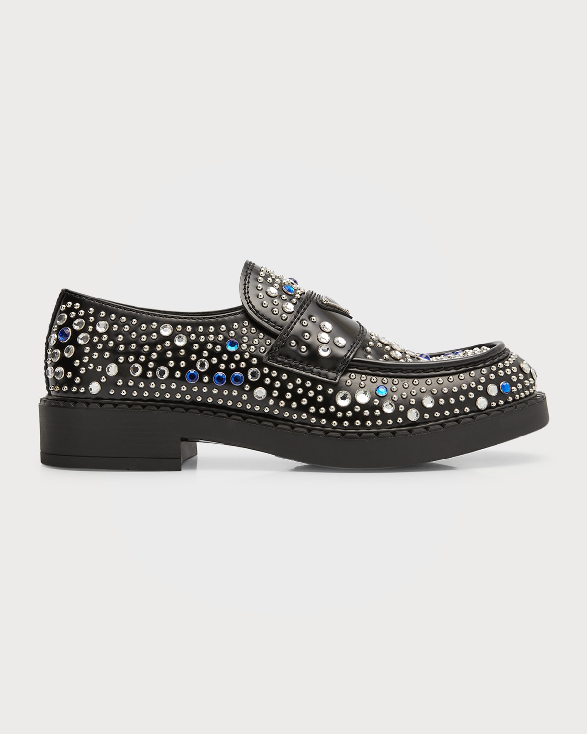 Prada Brushed Leather Loafers With Studs And Rhinestones In Black